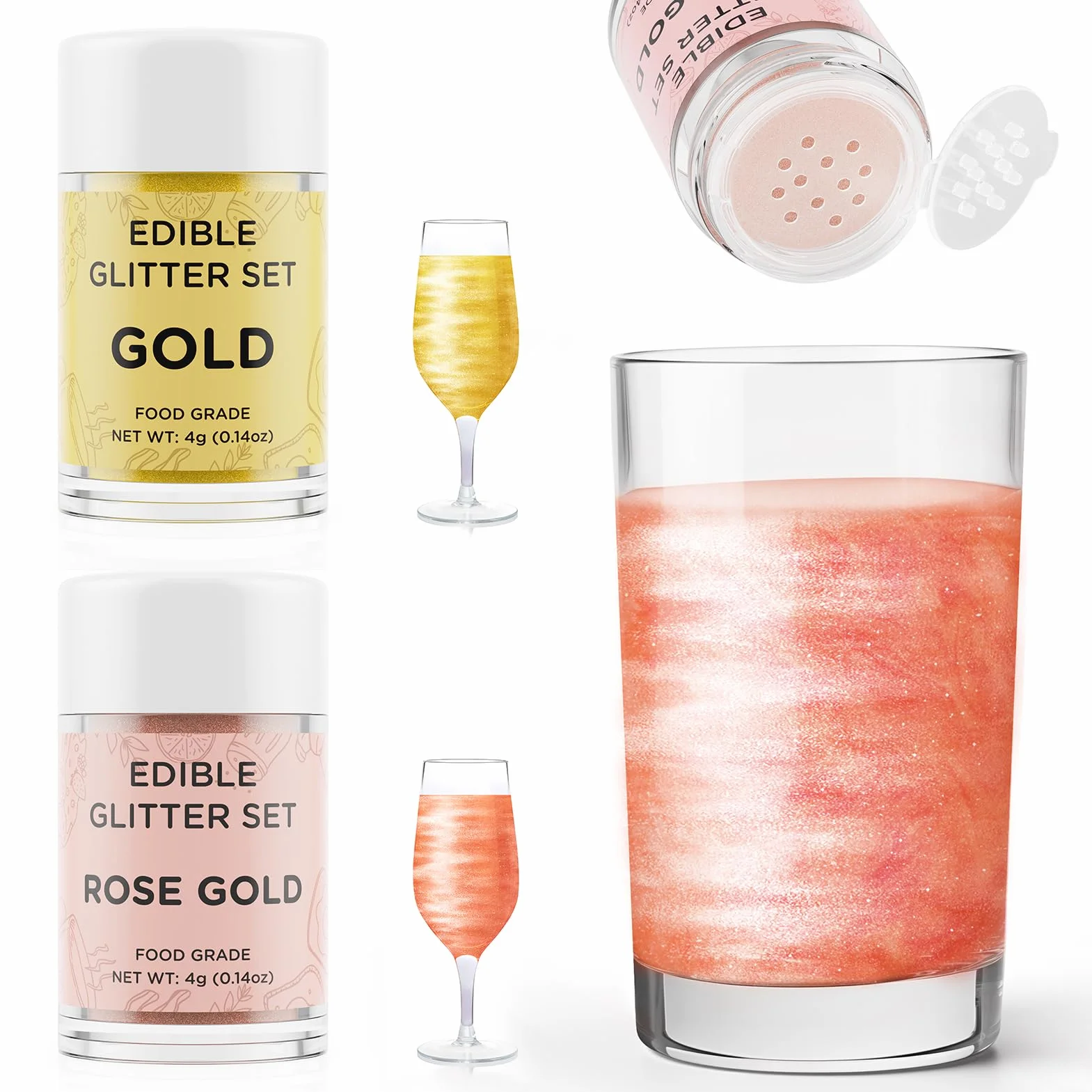 Purpurina Comestible Oro y Oro Rosa, Waysroma 2 Colores Purpurina Comestible Reposteria Sprinkles Reposteria para Tartas, Bebidas, Pasteles, Fresas, Fondant, Pascua Chocolate