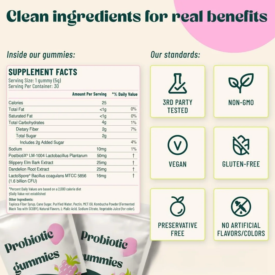 Gomita probiótica Kombucha - para hinchazón, salud intestinal - Probióticos para mujeres y hombres - Vegano, sin OGM