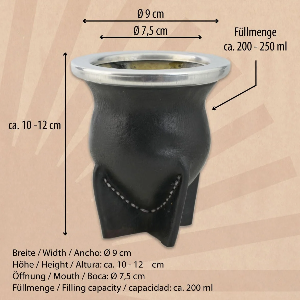 Mate de Vidrio Forrado en Cuero Negro - Mate Argentino Tradicional de Fácil Limpieza para Yerba Mate - No Necesita Curado - Capacidad 200-250 ml