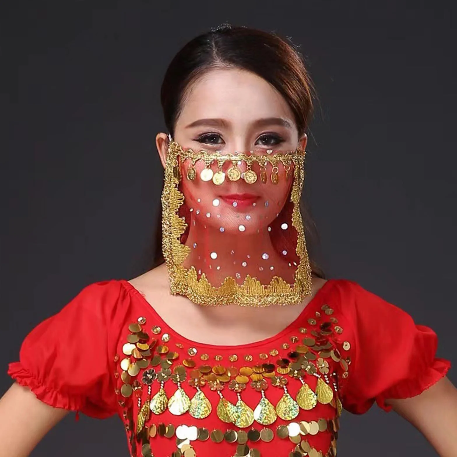 Velo facial de danza del vientre con moneda, media cara, bufanda de fiesta tribal para mujeres