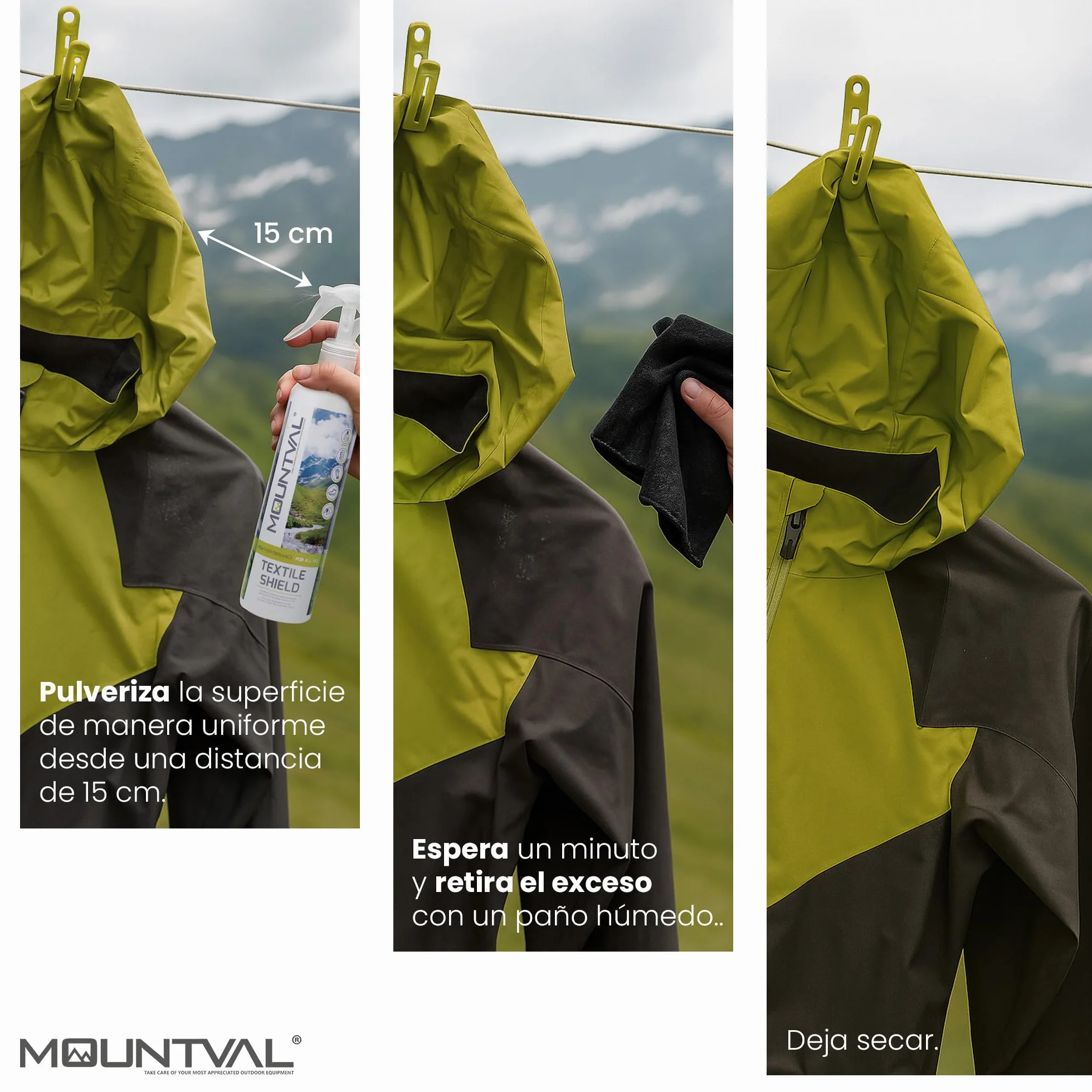 Mountval Textile Shield Aerosol Impermeabilizante para Clima Húmedo y Prendas Senderismo 300 ml