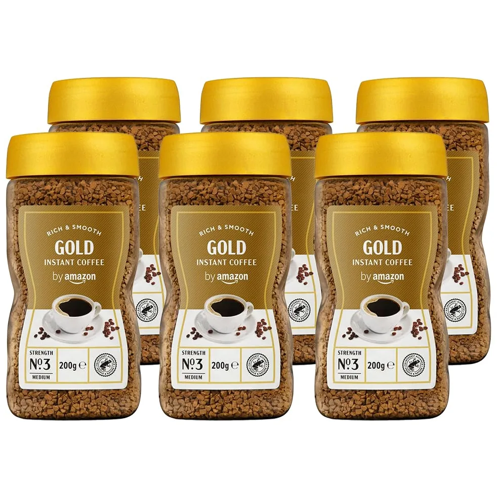 by Amazon - Café soluble liofilizado Gold, tueste medio, 200g, paquete de 6, certificado Rainforest Alliance