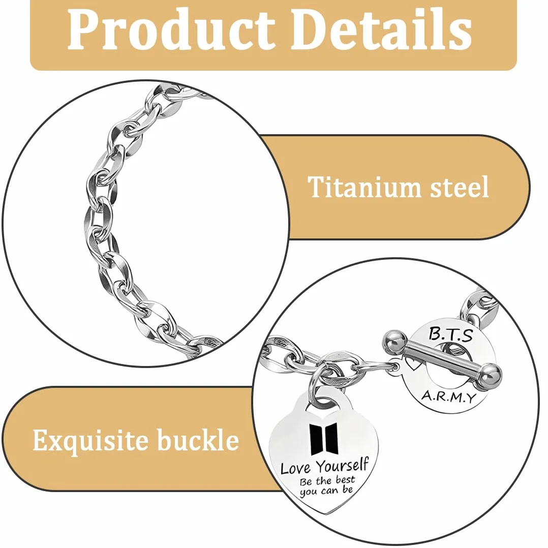 BTS Pulsera Acero Inoxidable Ajustable con Colgante Corazón