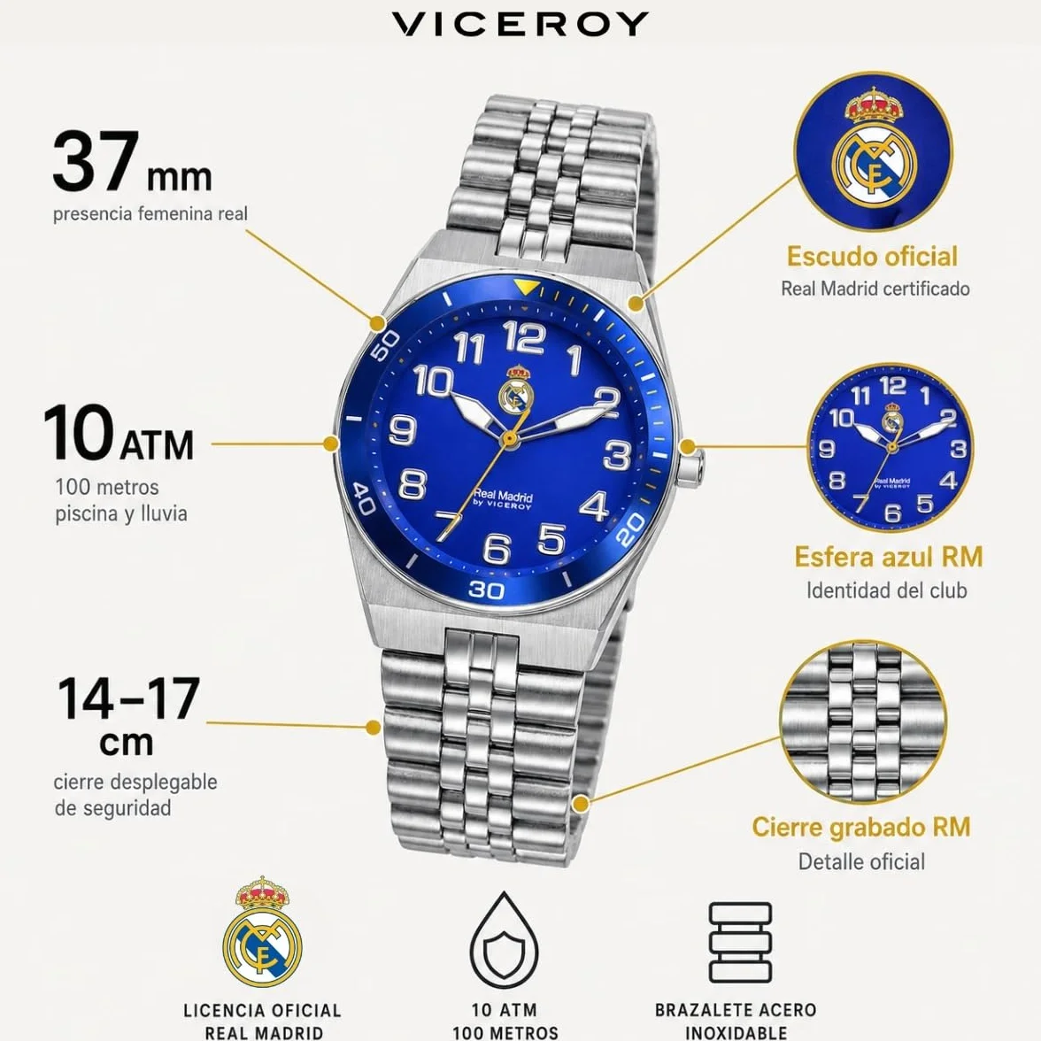 Viceroy Reloj Oficial Real Madrid Mujer 37 mm Esfera Azul Resistente Agua 10 ATM Cuarzo