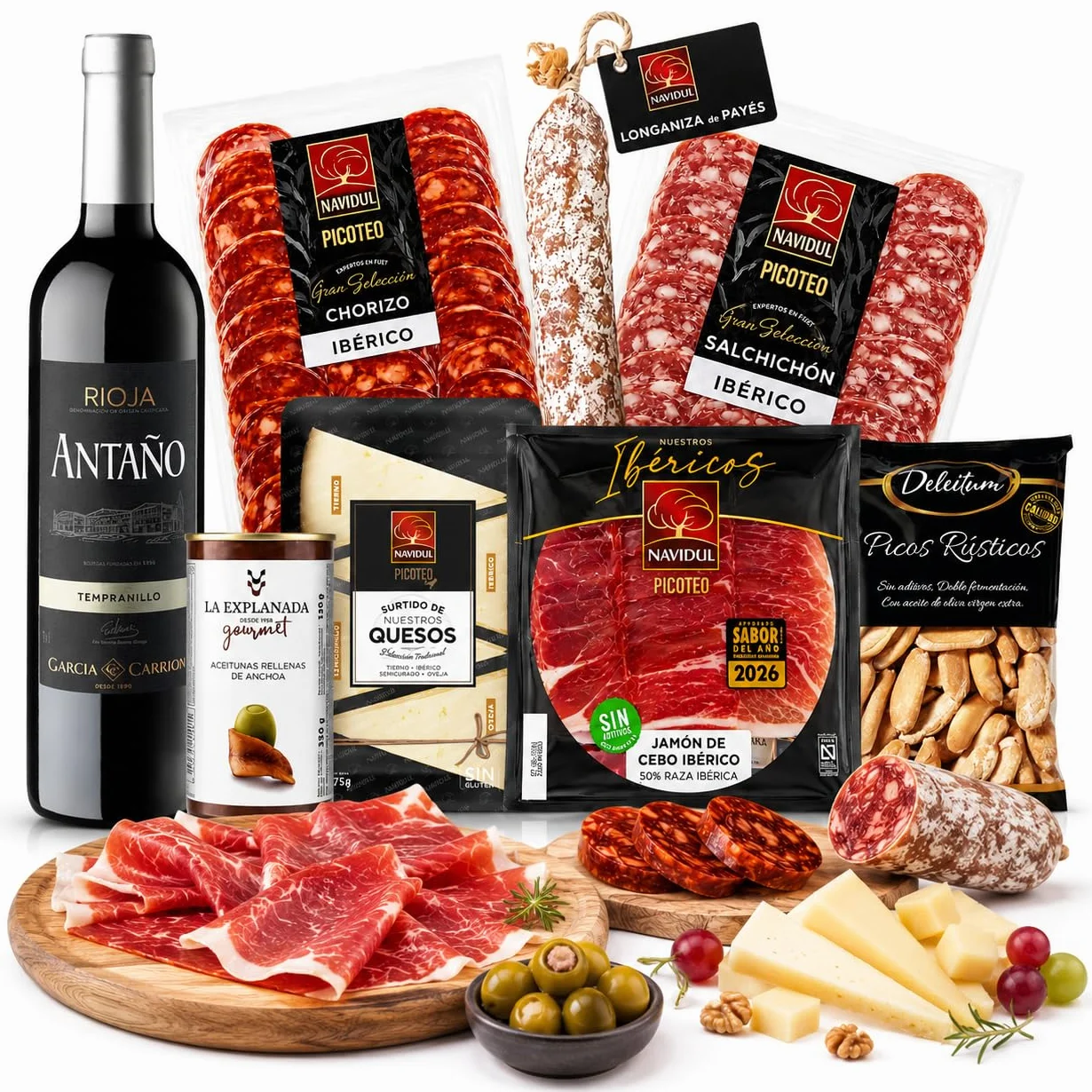 Familycom Cesta Gourmet con Ibéricos Navidul - Surtido Jamón Ibérico, Quesos, Embutidos, Aceitunas, Vino tinto