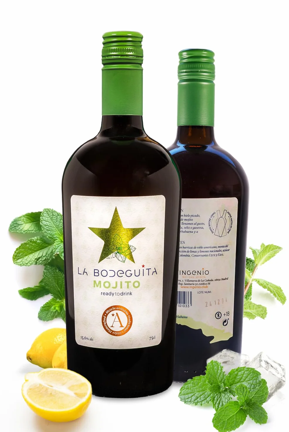 La Bodeguita Mojito – Cóctel Premium, artesano y natural – Pack 2 botellas elaborado con ron dorado, limón mediterráneo y hierbabuena – 2×75 cl.