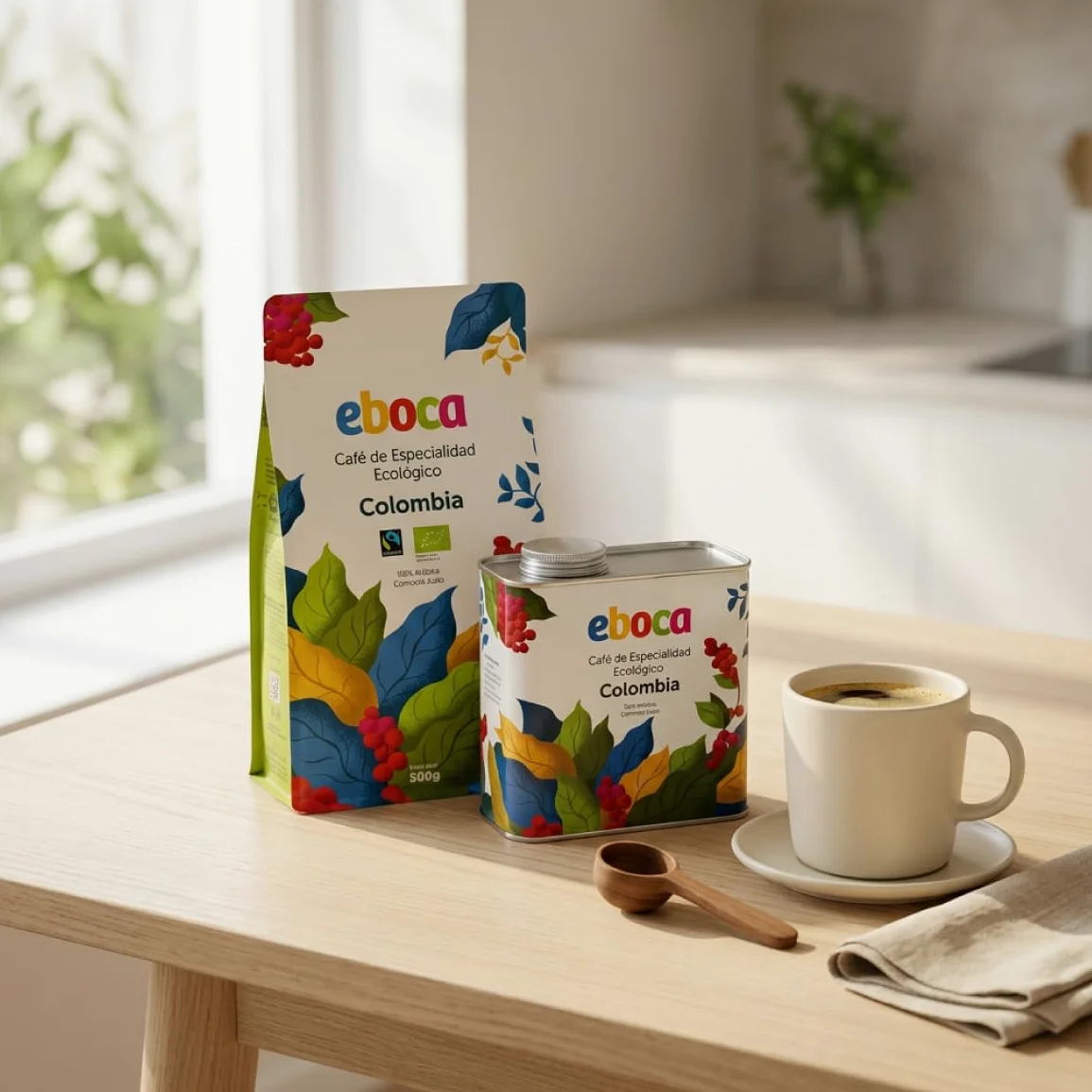 EBOCA Café en Grano Ecológico 1kg (2x500g) – 100% Arábica de Especialidad, Origen Colombia, Comercio Justo (Fairtrade), Tostado Artesanal en Huesca, Tueste Medio para Espresso y Filtro