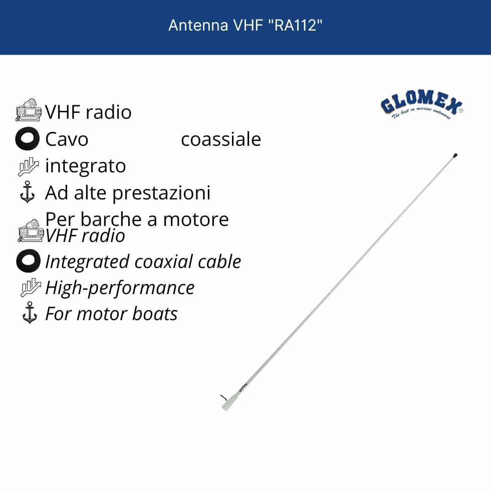Glomex Antena VHF RA112 1,5 m 3 dB Fibra de Vidrio para Barcos a Motor