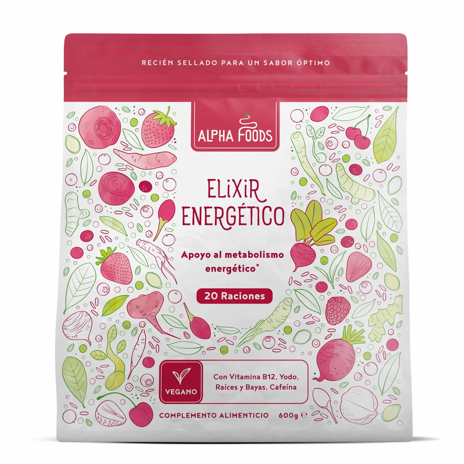 Elixir Energético | 600 Gramos | Superfood Smoothie Powder con raíces y bayas: Maca, Cúrcuma, Guaraná, Yerba Mate, Frambuesas, Açai, Bayas de Goji | Alternativa al Café | Alpha Foods