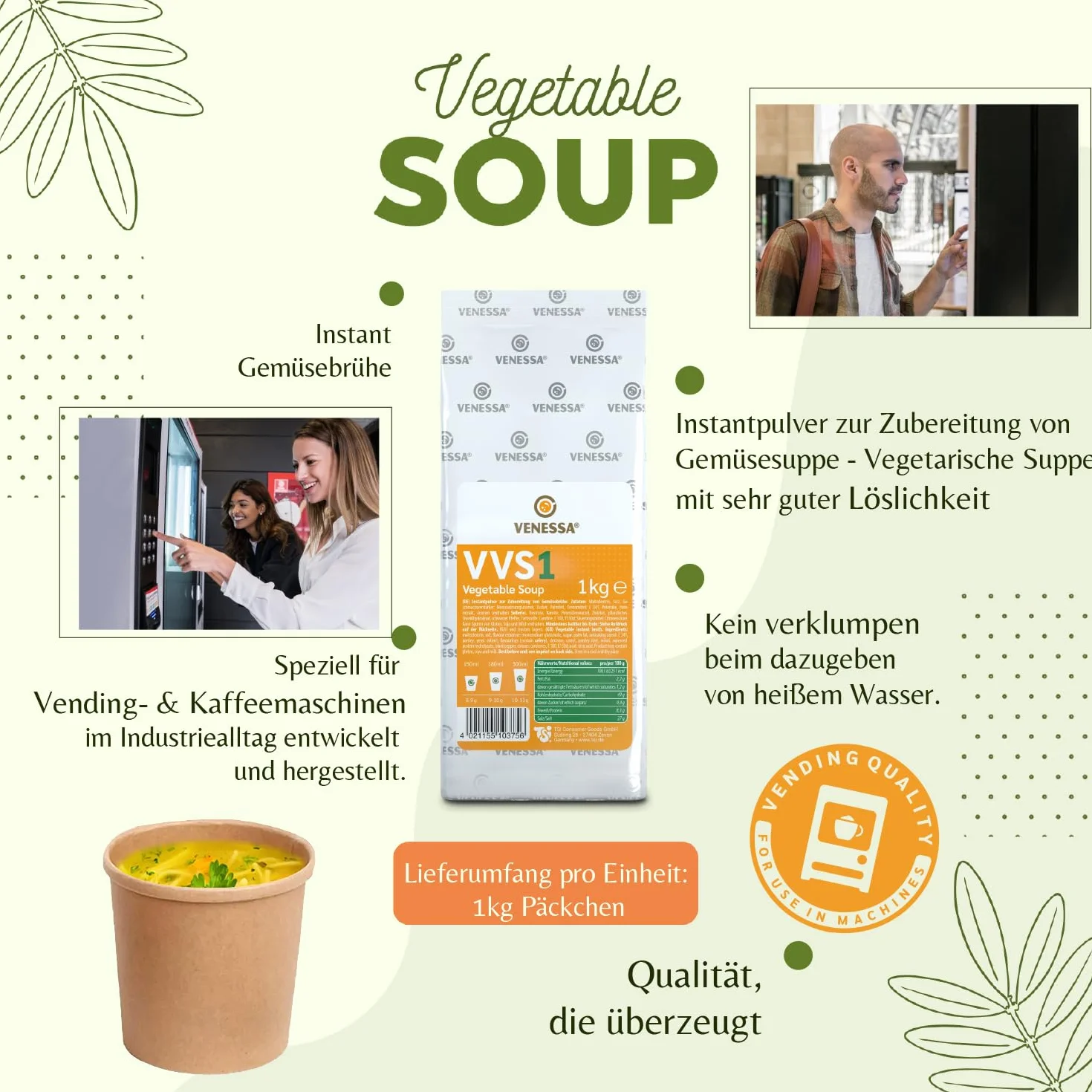 Venessa VVS1 Sopa de verduras 10 x 1 kg - Fresco y fino - Sabor vegetal natural - Soluble, sin grumos - Adecuado para todas las máquinas de café Vending, oficinas, autoridades