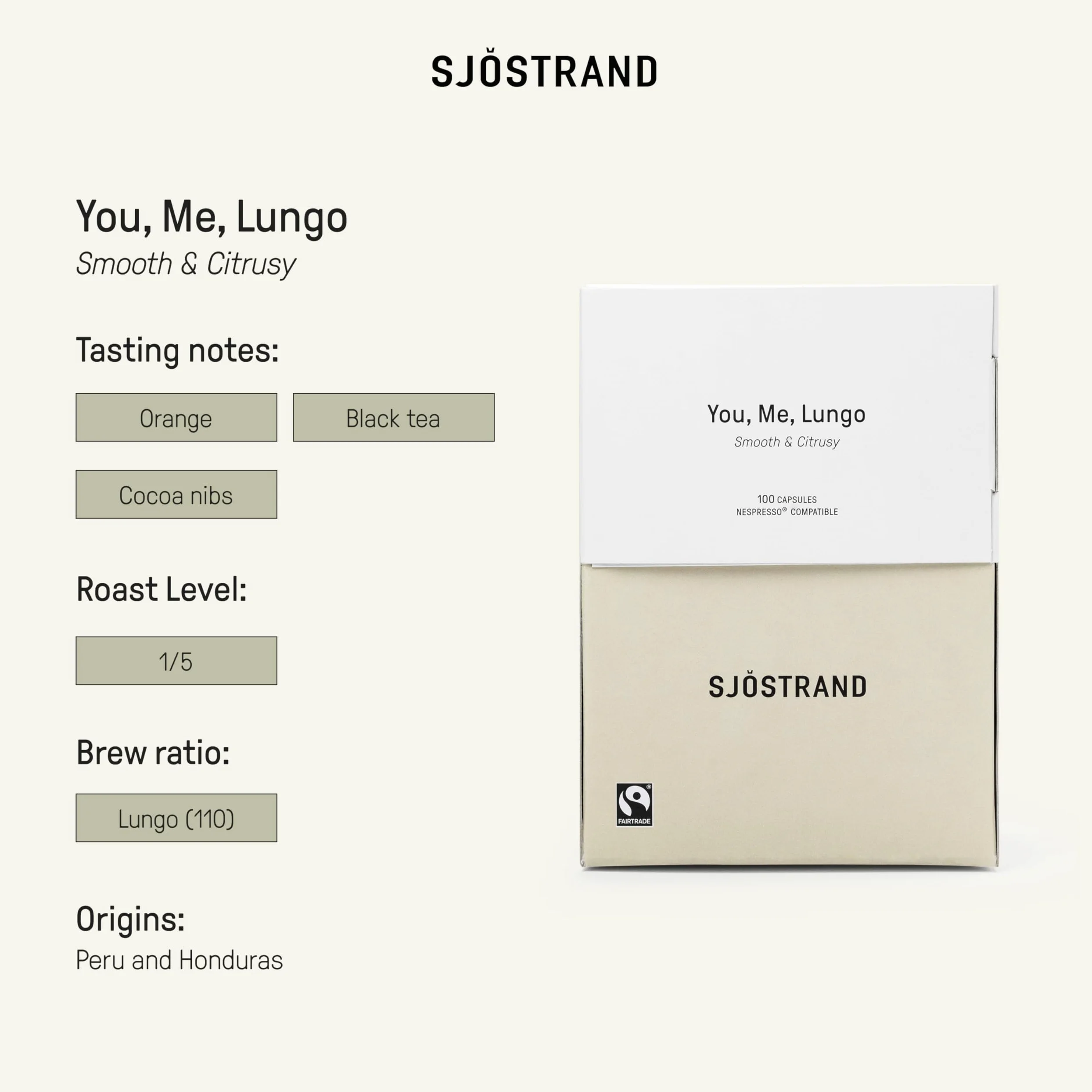 Sjöstrand Coffee Concept Tú, Yo, Lungo - Cápsulas de café orgánico, compatibles con Nespresso, 100 cápsulas, compostables, Comercio Justo.