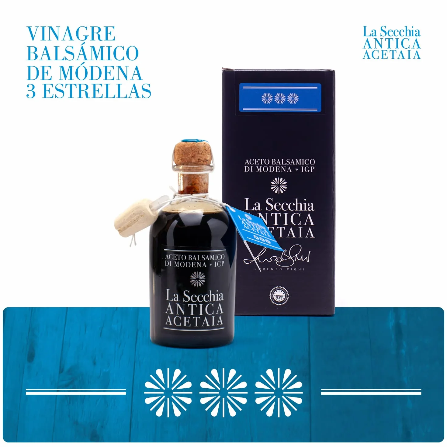 La Secchia - Aceto Balsámico de Módena IGP "Tres Estrellas", madurado en 12 barricas de Cerezo-Morera, densidad media, botella de 250 ml con tapón dosificador de corcho.