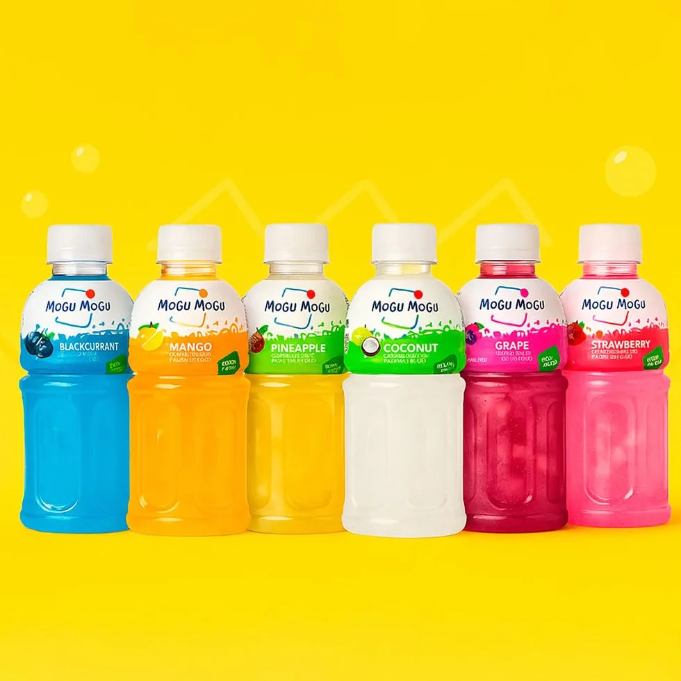 Bebida asiática Mogu Mogu sabor fresa con jelly de nata de coco 320 ml Pack 3 botellas refresco con trocitos masticables, lista para tomar