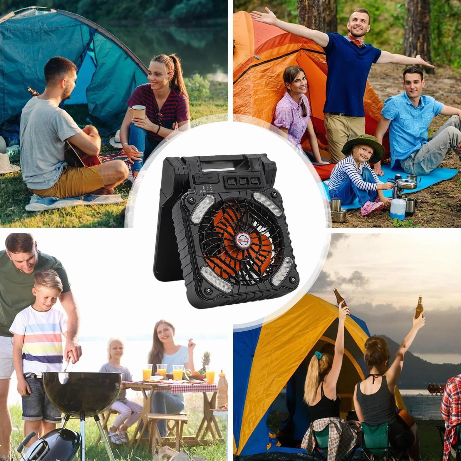 Ventilador Solar Portátil LED con 4 Velocidades y 3 Brillos, Batería de 100, para Acampar