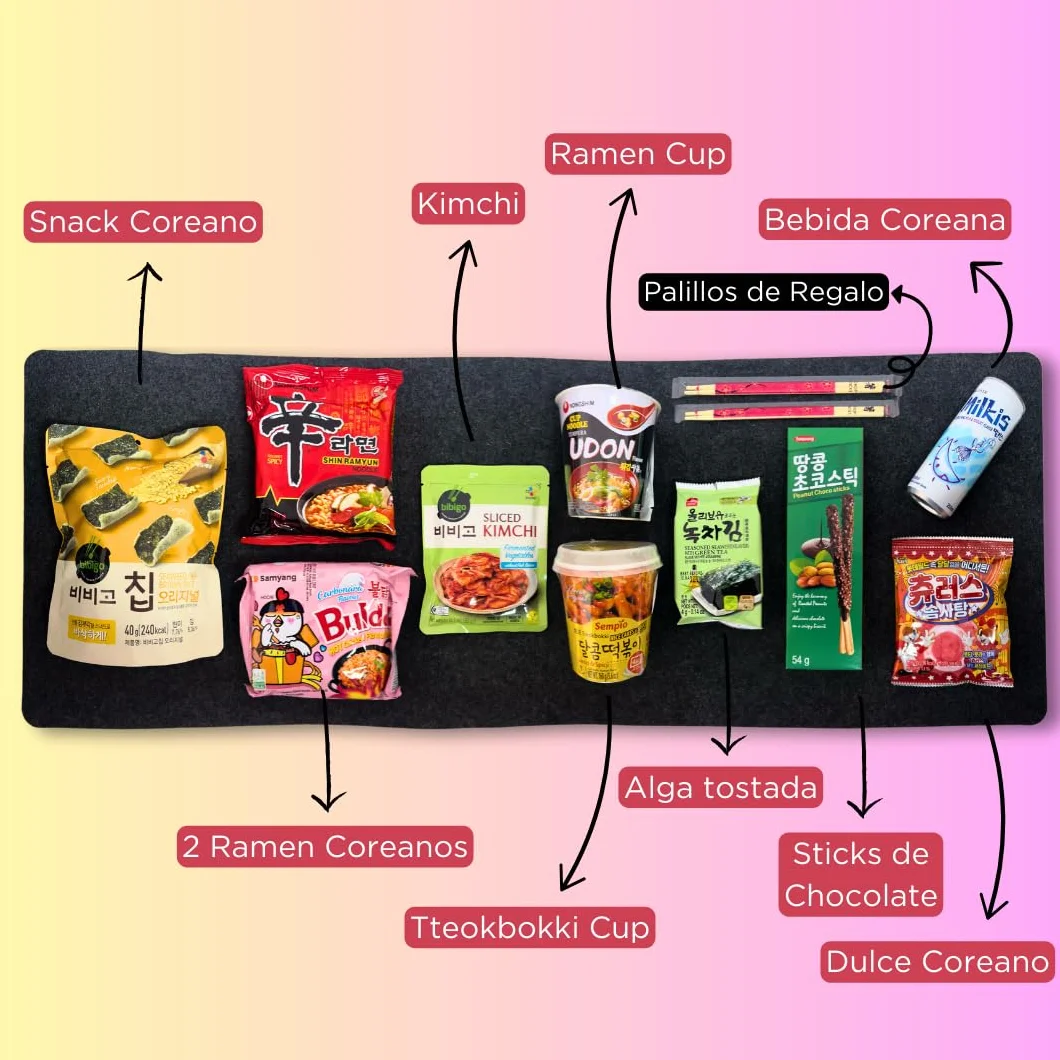 Korean Market | Caja Sorpresa de Comida Coreana (Starter Edition) | Para 1 o 2 Personas | Snacks, Ramen, Kimchi, Tteokbokki, Algas, Dulces y Palillos