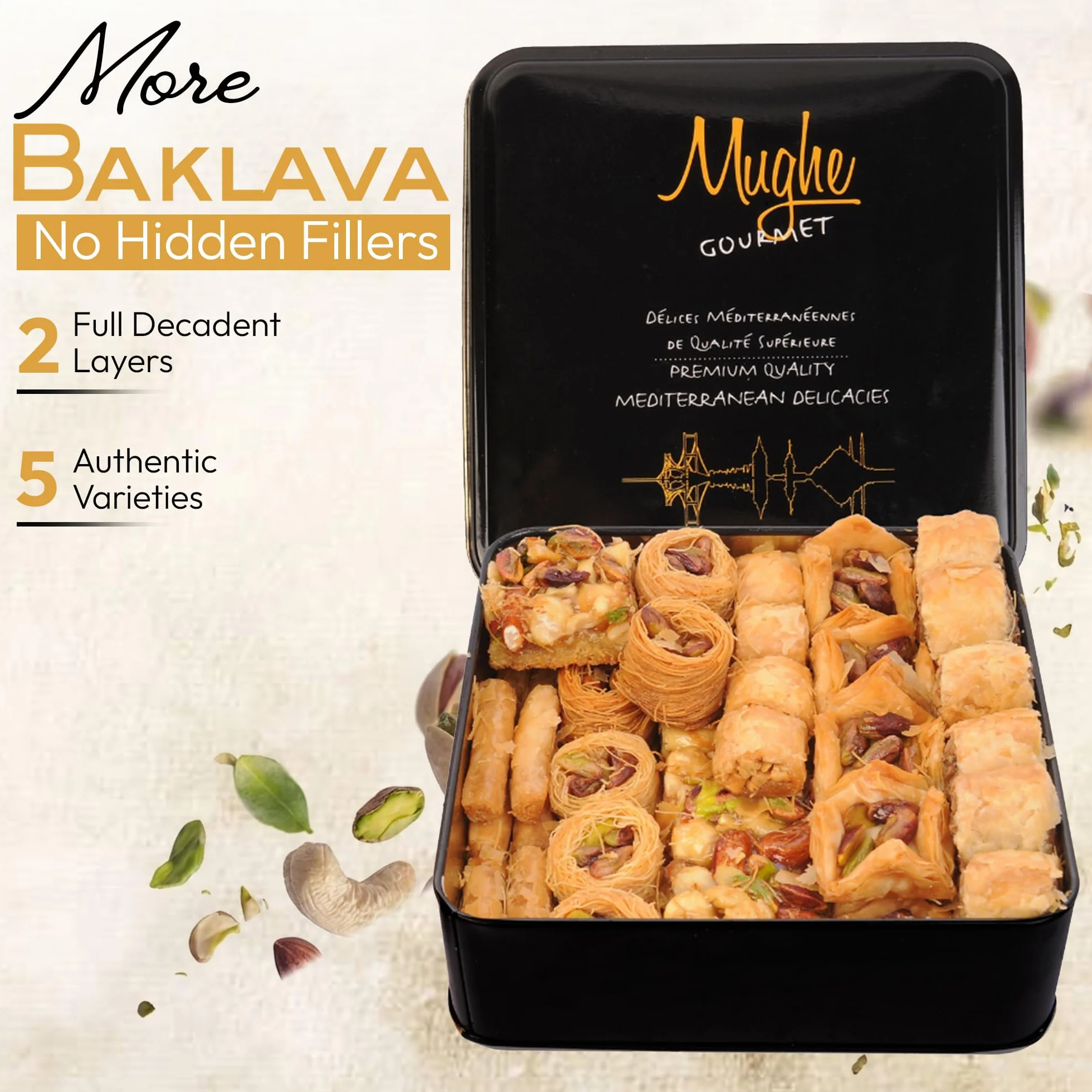 Mughe Gourmet - Caja de regalo de postres de baklava de lujo - Dulces frescos de pistacho turco Baklawa - 750g - doble capa - Regalos de pasteles para hombres y mujeres, Navidad, cumpleaños