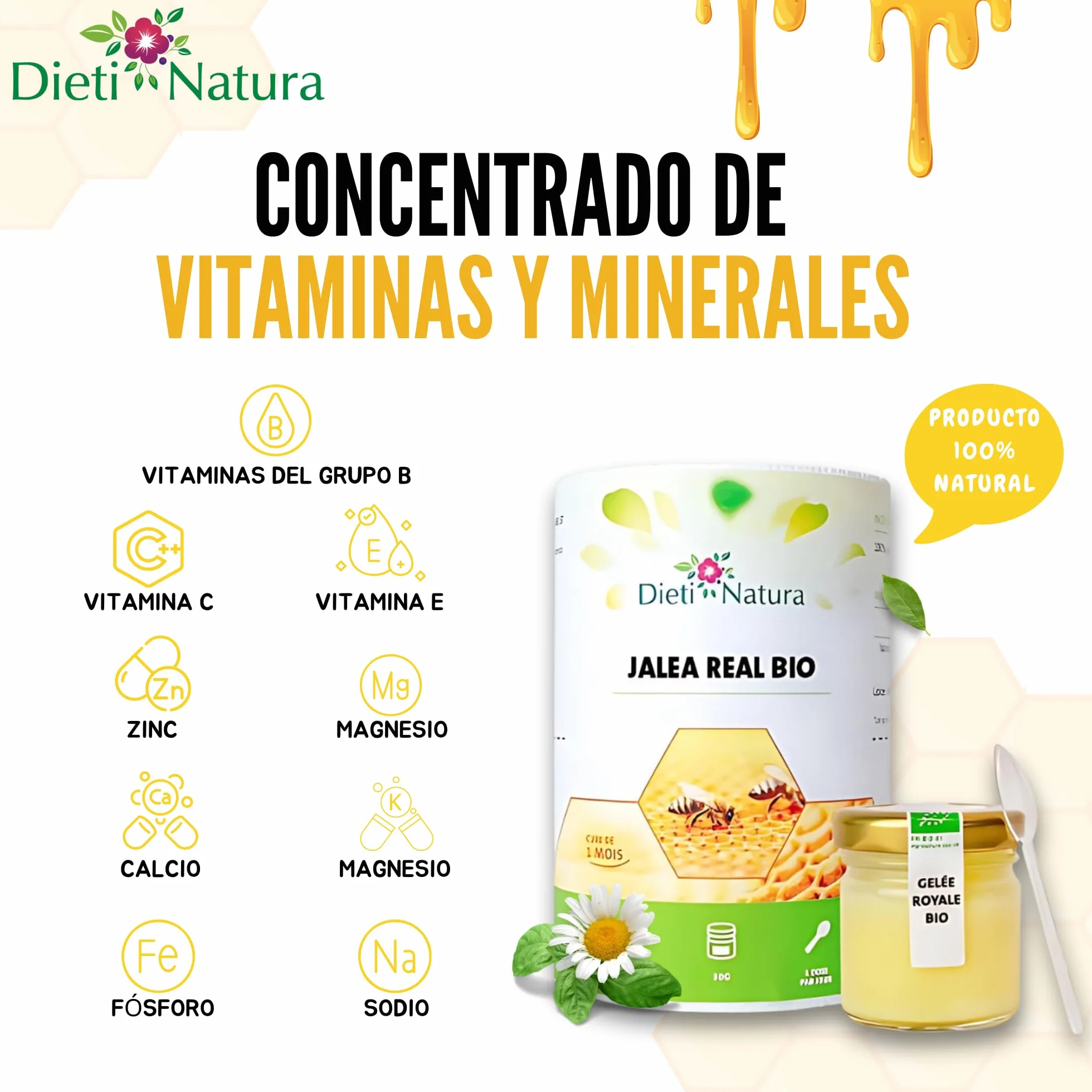 Dieti Natura Tarro de Jalea Real Fresca BIO (30g) (Pack de 6) - Jalea Real Pura con Elementos Esenciales: Vitaminas, Oligoelementos y Minerales para Energía Natural y Defensa Inmunológica