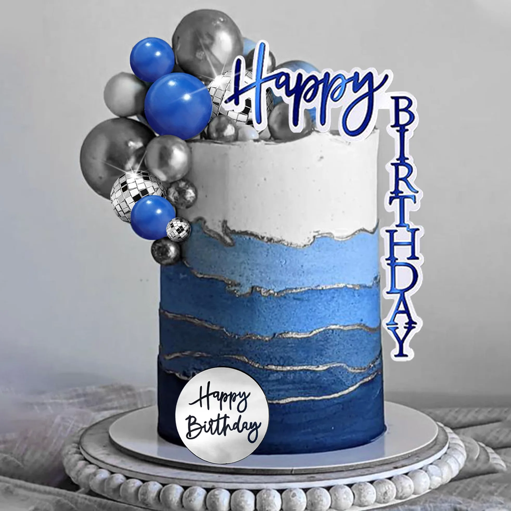 Decoración para tarta de hombre, bola de discoteca azul y plateada, decoración bohemia para tartas, decoración para tartas azul marino, bohemio, boda, hombre, niño, fiesta de cumpleaños, baby shower