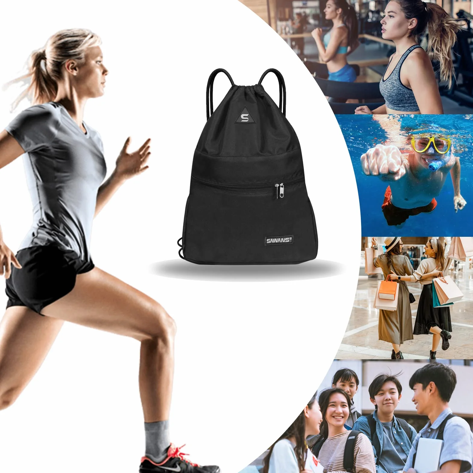 SAWANS Bolsa deportiva de gimnasio impermeable con cordón y bolsillo, kit de viaje para senderismo escuela estudiantes, bolsa de polietileno al aire libre Negra