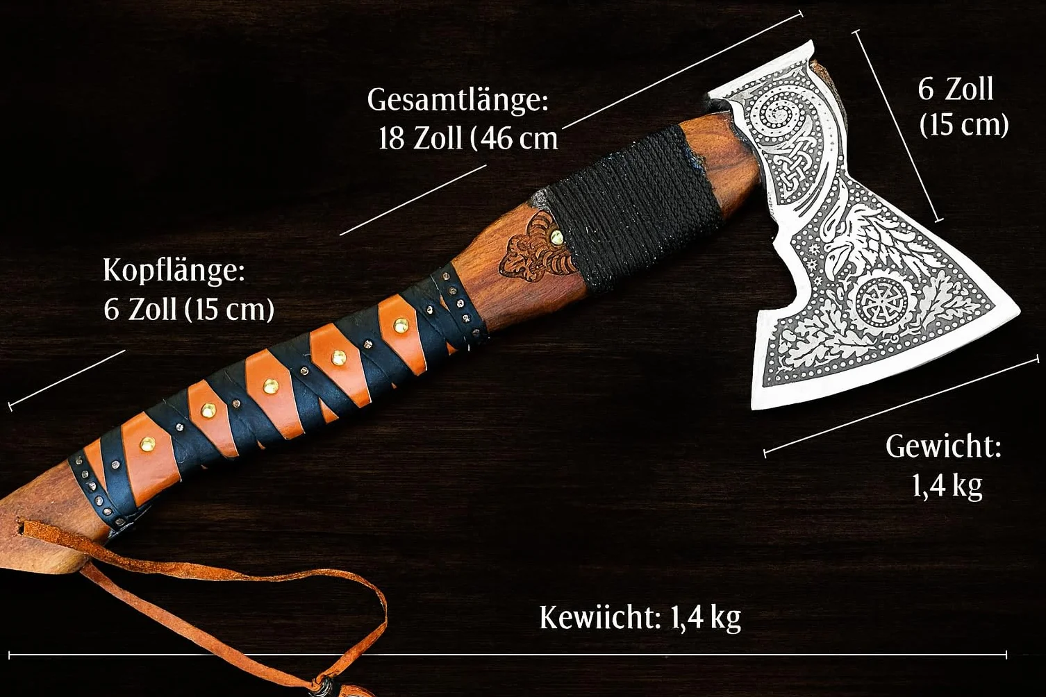Novahaven Falkir Hacha de lujo forjada a mano acero inoxidable mango palo de rosa funda cuero camping vikingo bushcraft