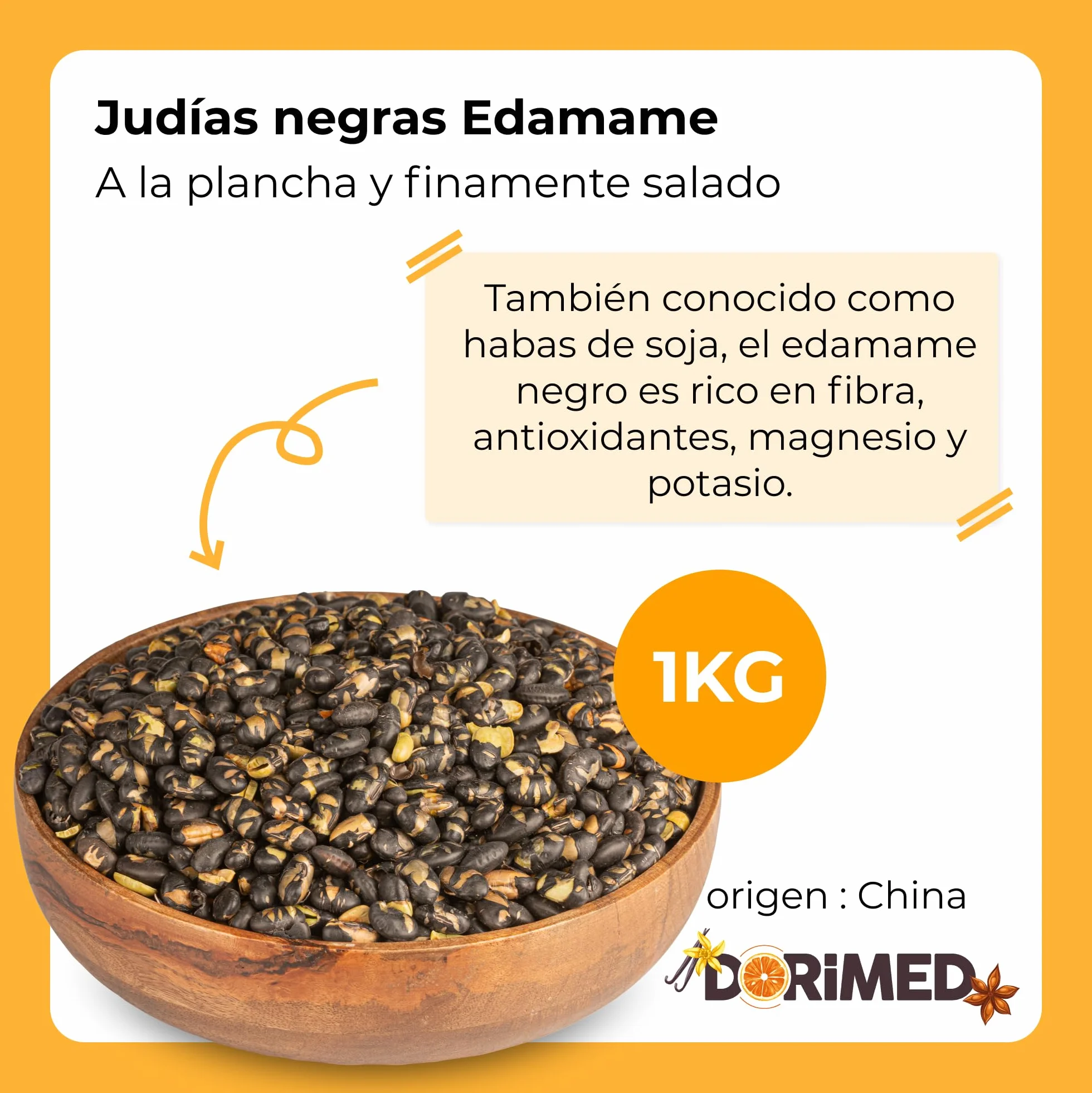 Habas de Soja Negra Tostadas 1kg | Soja Madura Tostada Ligeramente Saladas | 100% Origen Natural | Libre de Transgénicos (GMO free) | Altas en Fibra | Proteína para Veganos y Vegetarianos | Dorimed