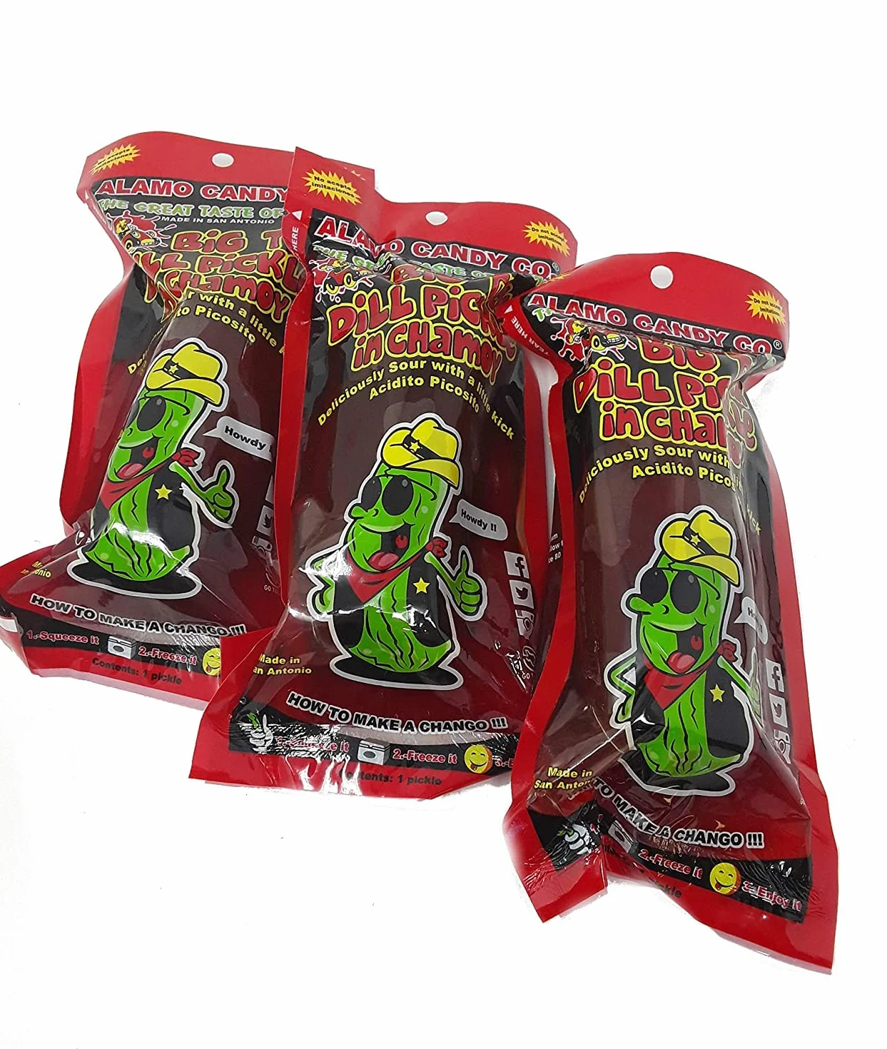 Alamo Candy Big Tex Pepinillo de eneldo en chamoy Tres encurtidos Envueltos individualmente