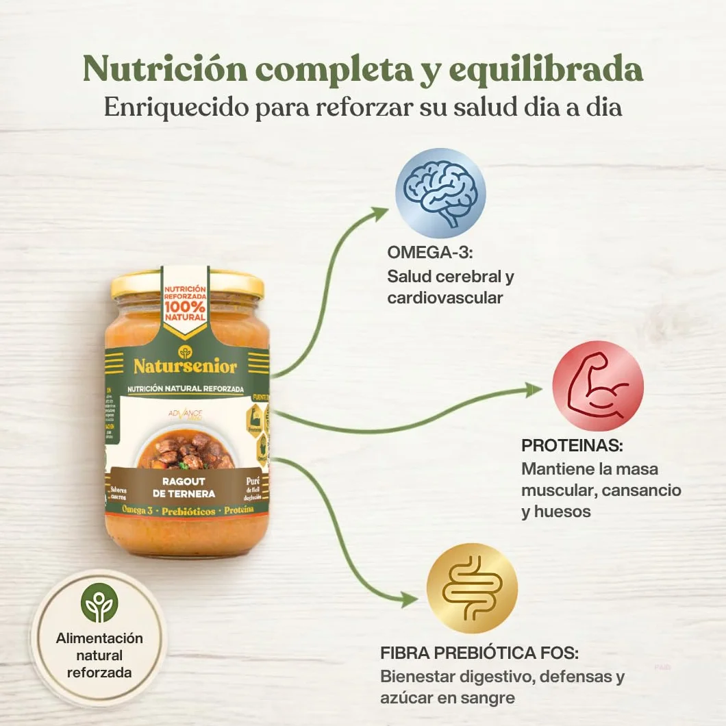 Natursenior - Comida Triturada para Personas Mayores - Pack Mensual Purés Comidas y Cenas x60-100% Natural, Omega 3, Fibra, Proteína - 60 uds x 340g