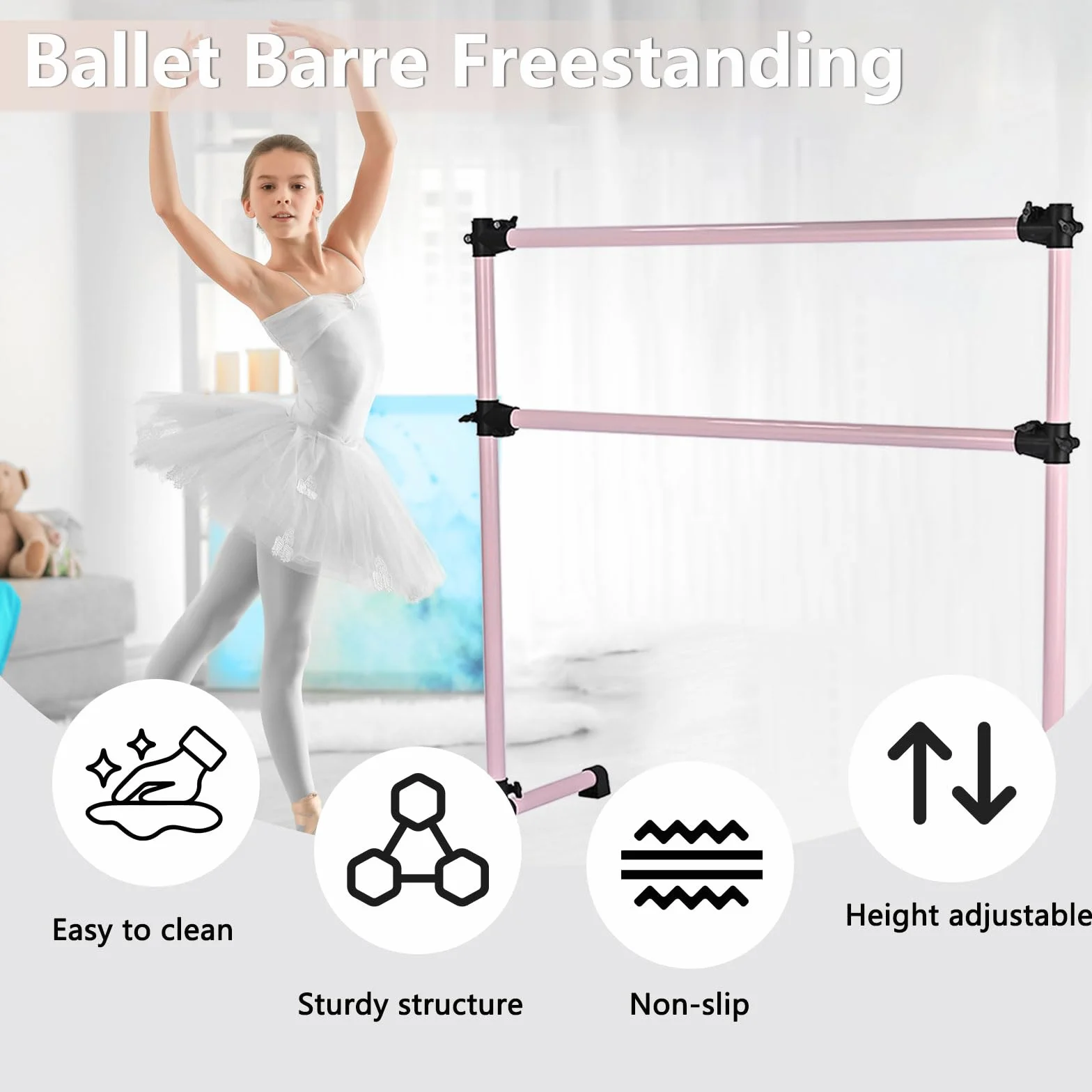 Barra de ballet independiente ajustable con almohadillas antideslizantes, doble barra portátil para entrenamiento en casa
