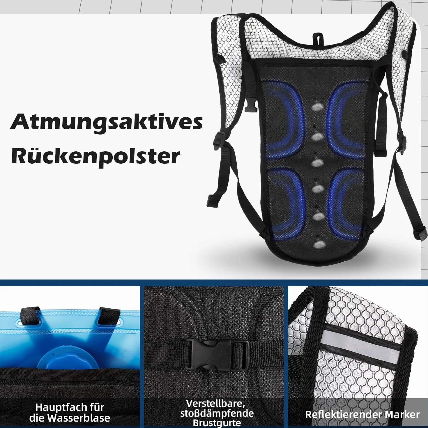 Mochila de hidratación 2 litros ligera transpirable 3 bolsillos correas hombro reforzadas senderismo correr ciclismo