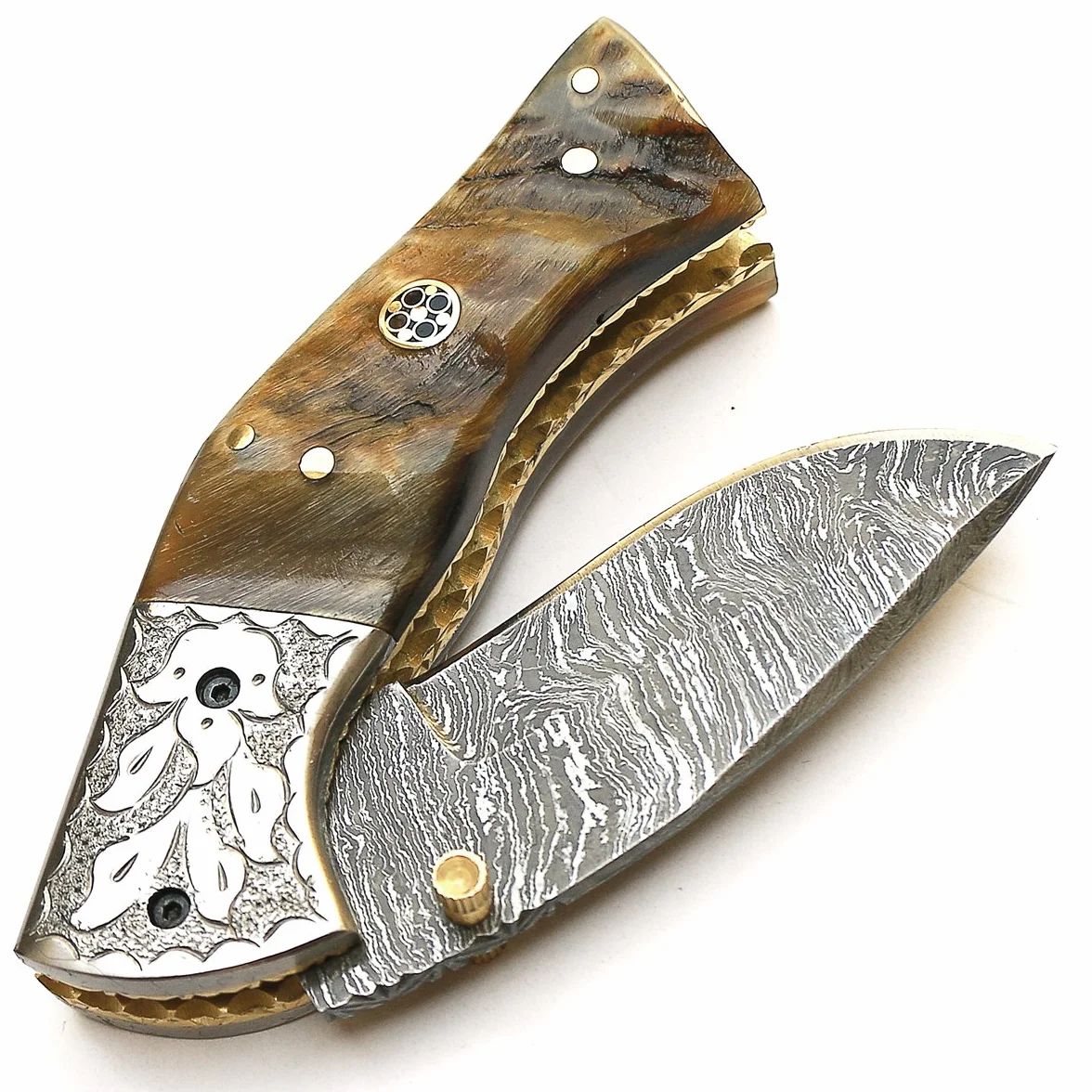 Cuchillo plegable navaja de bolsillo acero Damasco funda cuero artesanal forjado a mano
