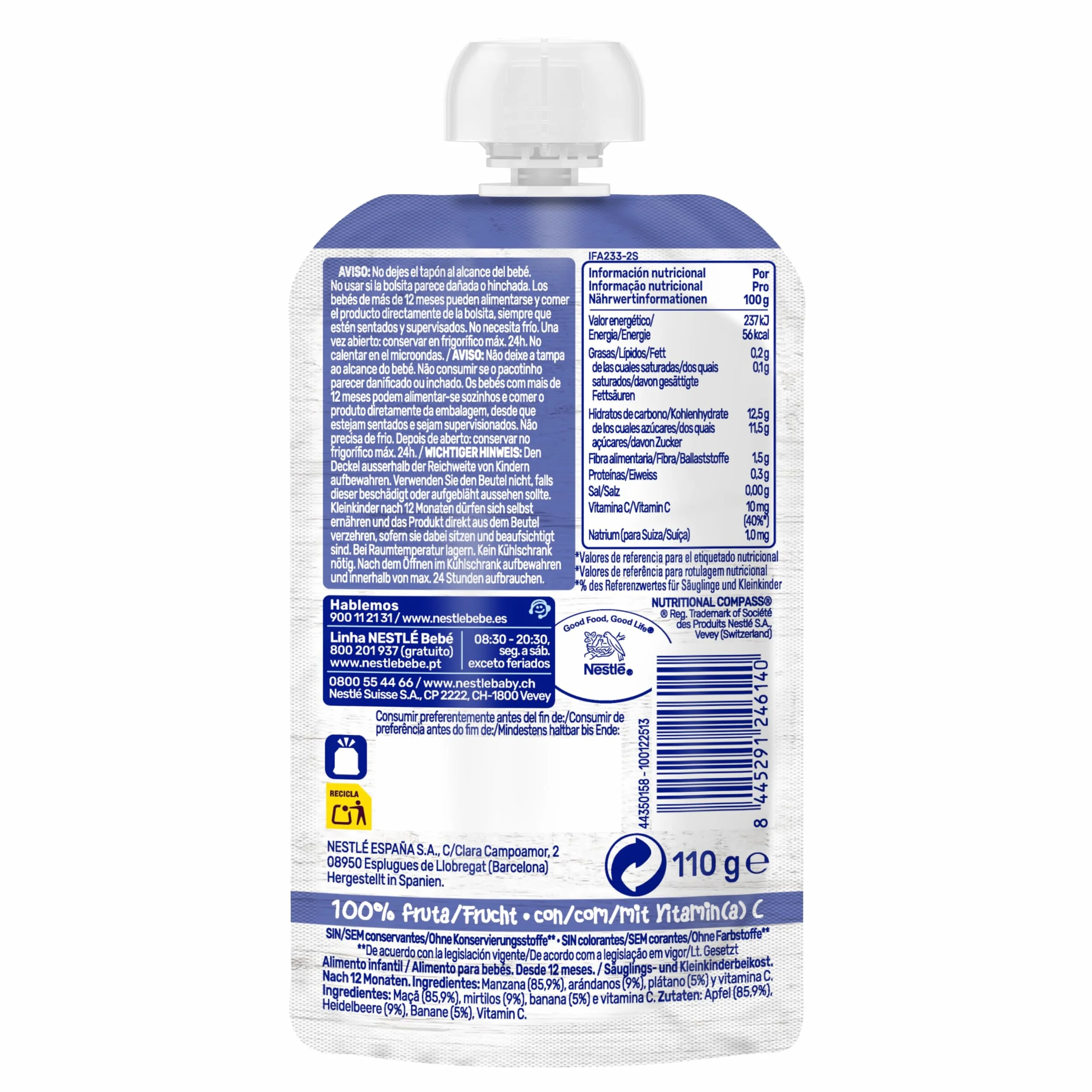 Nestlé Funny Fruits Puré de Frutas Infantil, Desde 12 Meses, 8 Bolsitas de 110g