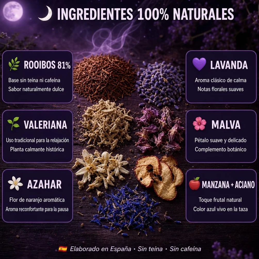 Duerme bien. Infusiones Relajantes para la Ansiedad y para Dormir Profundo toda la Noche. Rooibos de Valeriana, Lavanda, Malva, Azahar y Manzana. Sueño Profundo con esta Infusión Relajante para Dormir