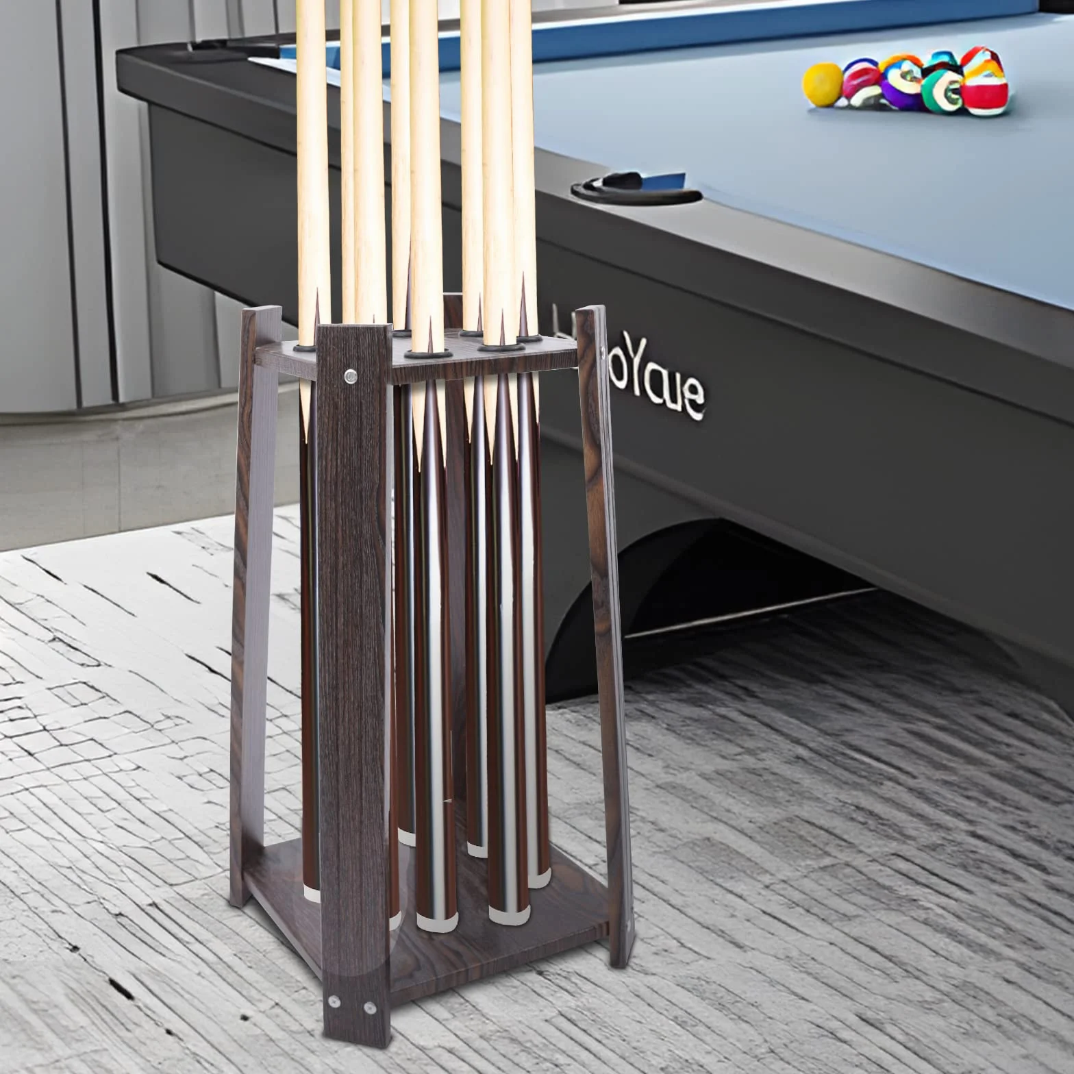 Soporte para taco de billar de pared con 8 agujeros, madera, montaje en suelo