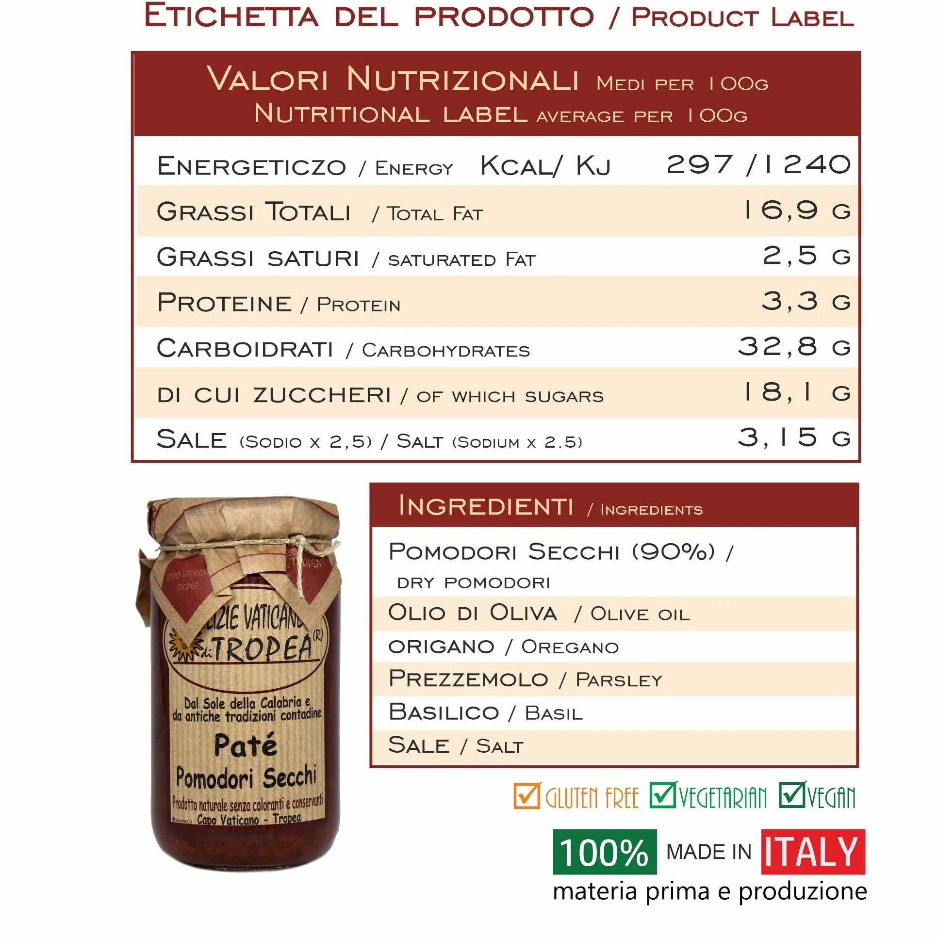 Paté de Tomate Seco 180g | Delicia Calabresa – Perfecto para Bruschetta, Pasta y Queso | Auténtica Salsa Gourmet Italiana por Delizie Vaticane di Tropea