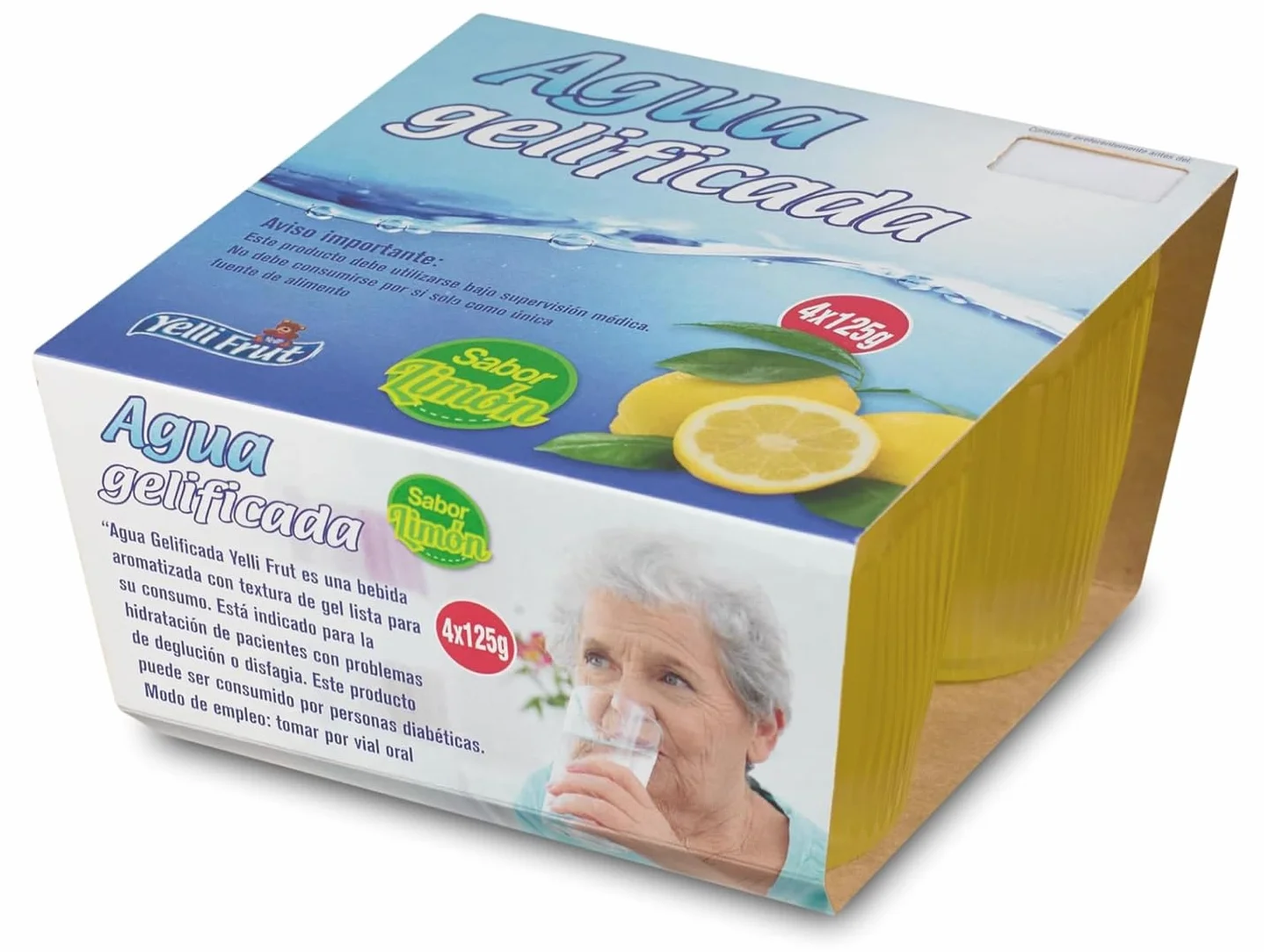 Agua gelificada. Espesante para disfagia. 3 Sabores en tarrina 125 gramos. Pack de 6x4 = 24 tarrinas. Agua gelificada disfagia sabores. Aguas gelificadas para hidratar con plena seguridad. (24, Limón)
