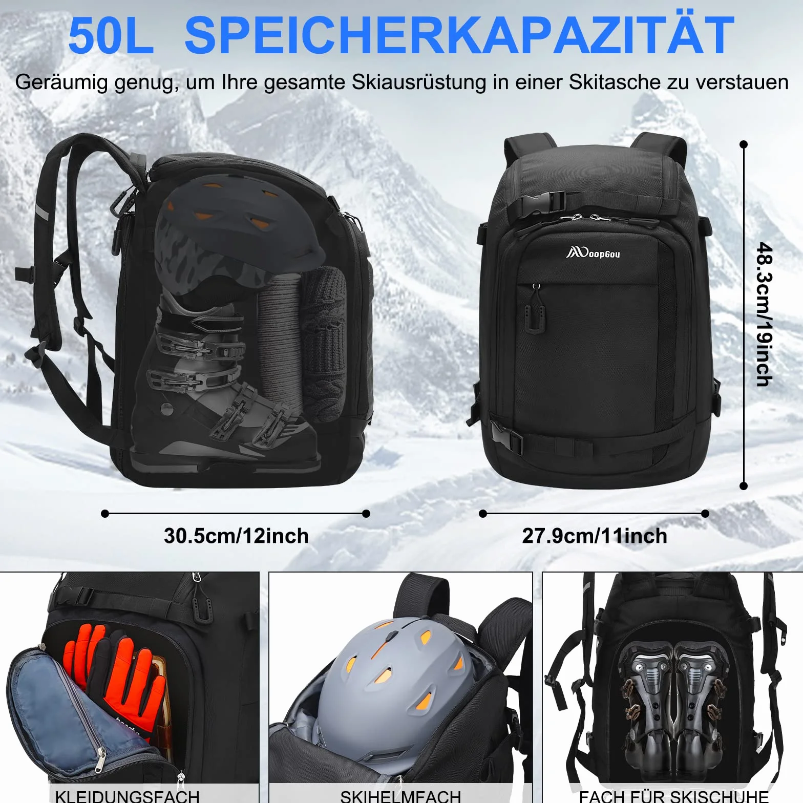 Bolsa para botas de esquí 50 L 1680D nailon con compartimento para casco