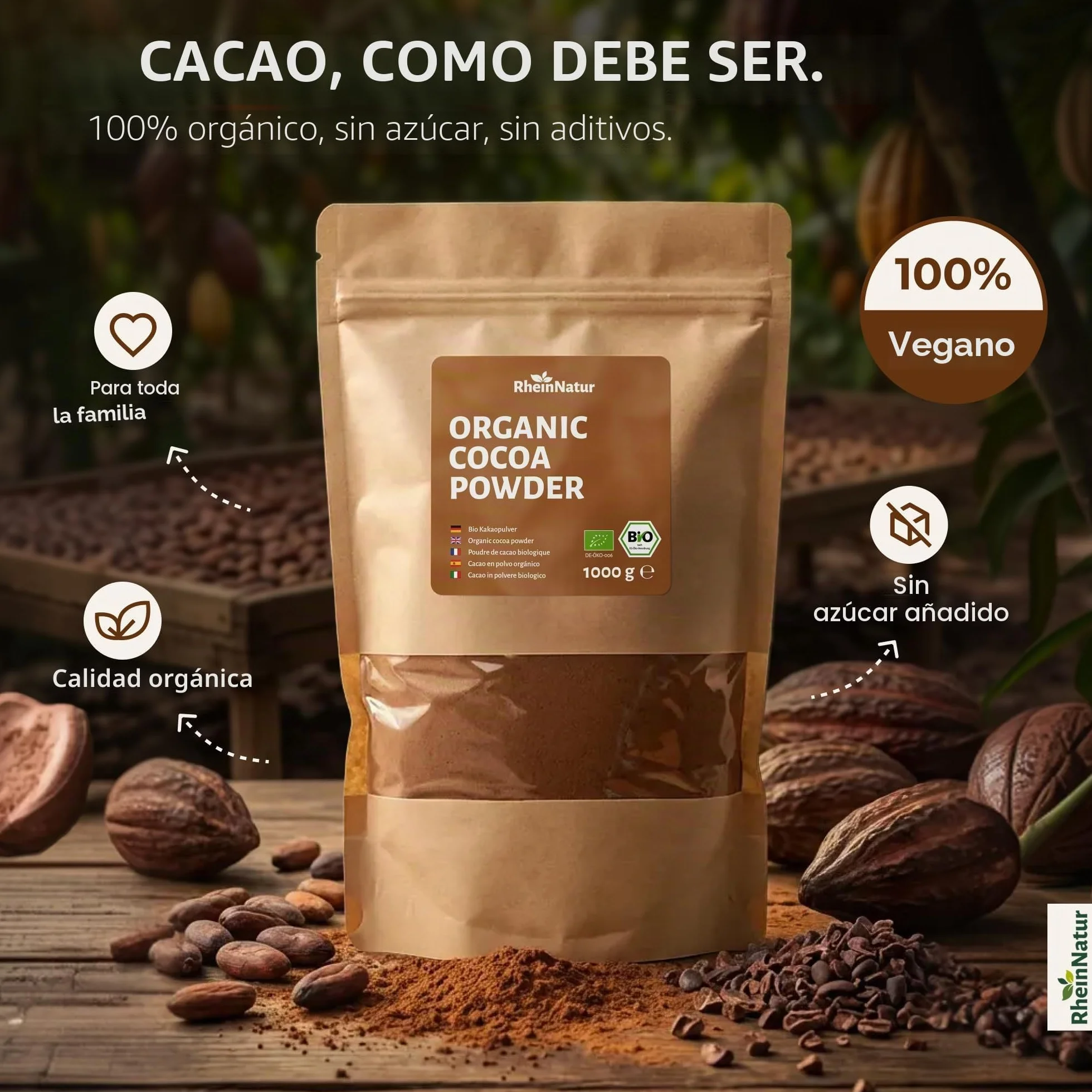 Cacao en polvo orgánico RheinNatur 1 kg – 100% puro, sin azúcar, ideal para hornear