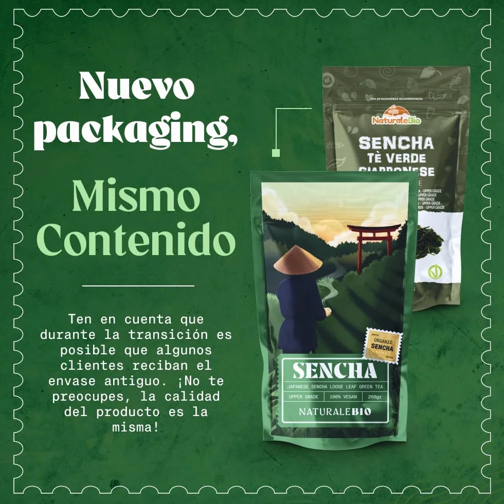 NaturaleBio Té Verde Sencha Japonés Orgánico - Upper Grade - de 200g. Bio, Natural y Puro, Té Verde en Hojas de la Primera Cosecha, cultivado en Japón. Organic Japanese Sencha Green Tea.