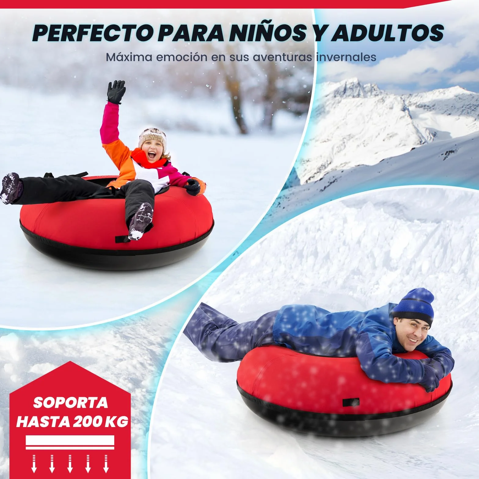 COSTWAY Trineo de Nieve Inflable φ100 cm, Tubo de Nieve para Niños y Adultos con Fondo Duro