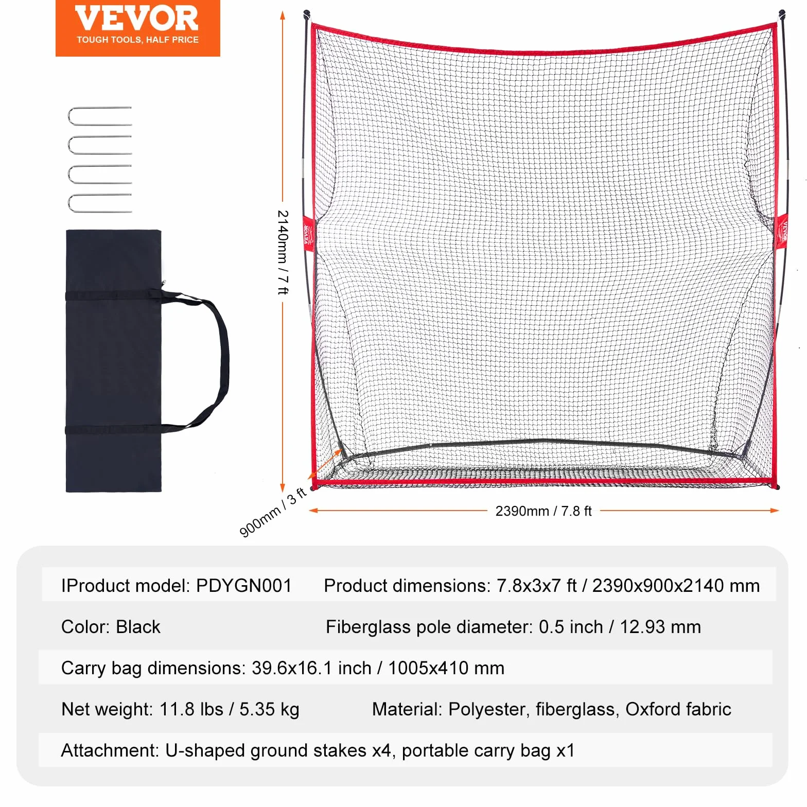 VEVOR Red de Práctica de Golf 2390x900x2140 mm Marco de Fibra de Vidrio Portátil con Bolsa de Transporte