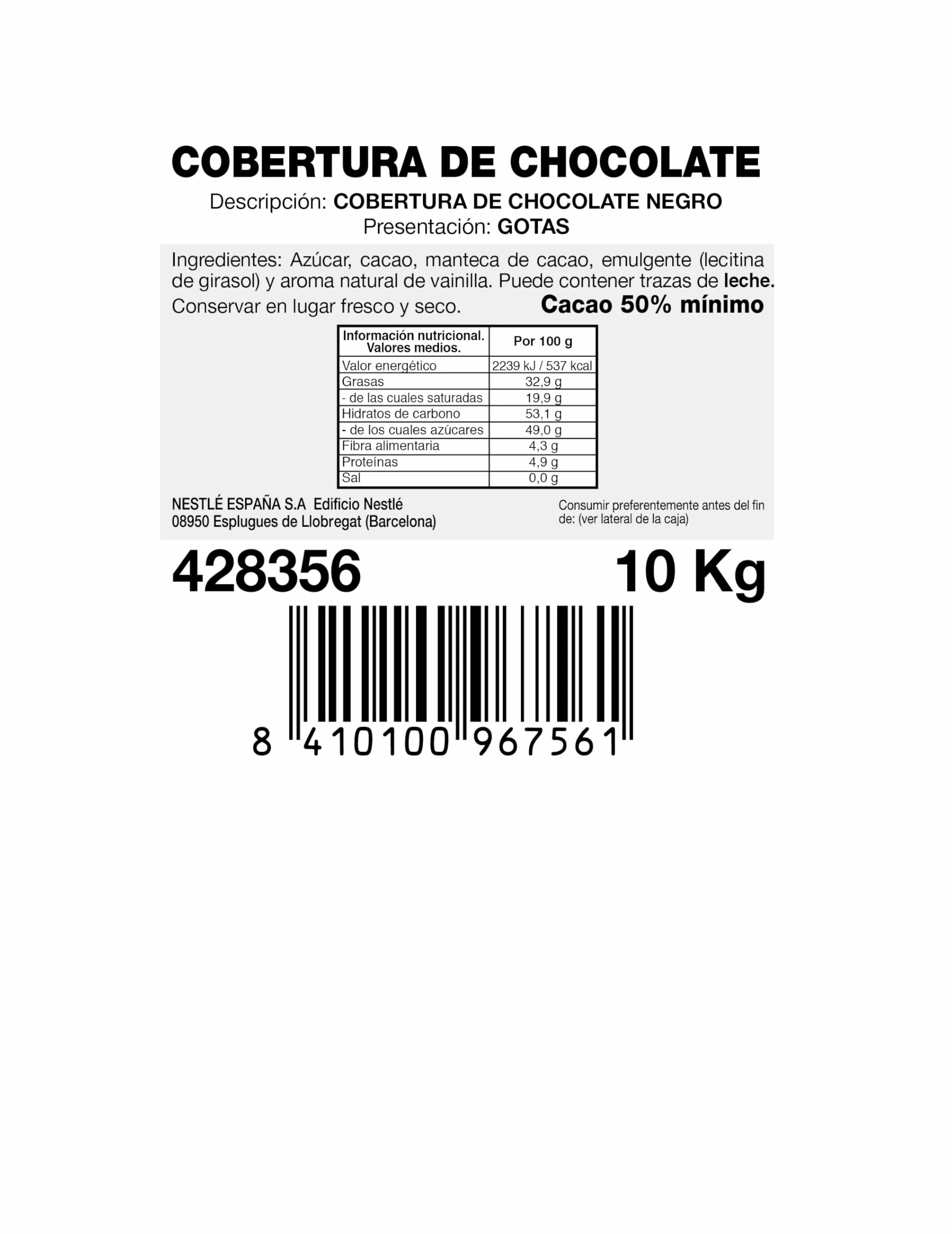 Nestlé Cobertura de Chocolate Negra - 10000 gr