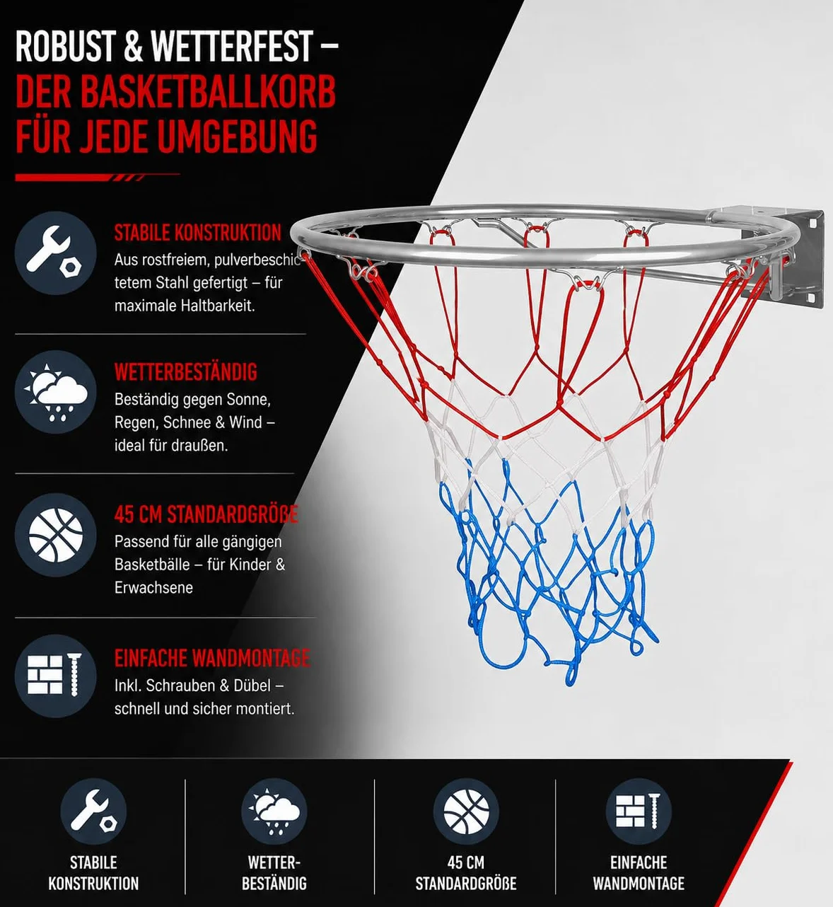 molti Canasta de baloncesto para montaje en pared – Aros de baloncesto con red y tornillos, Ø 45 cm para interior y exterior Canasta robusta para jardín, garaje, escuela y campo deportivo (plata, 45