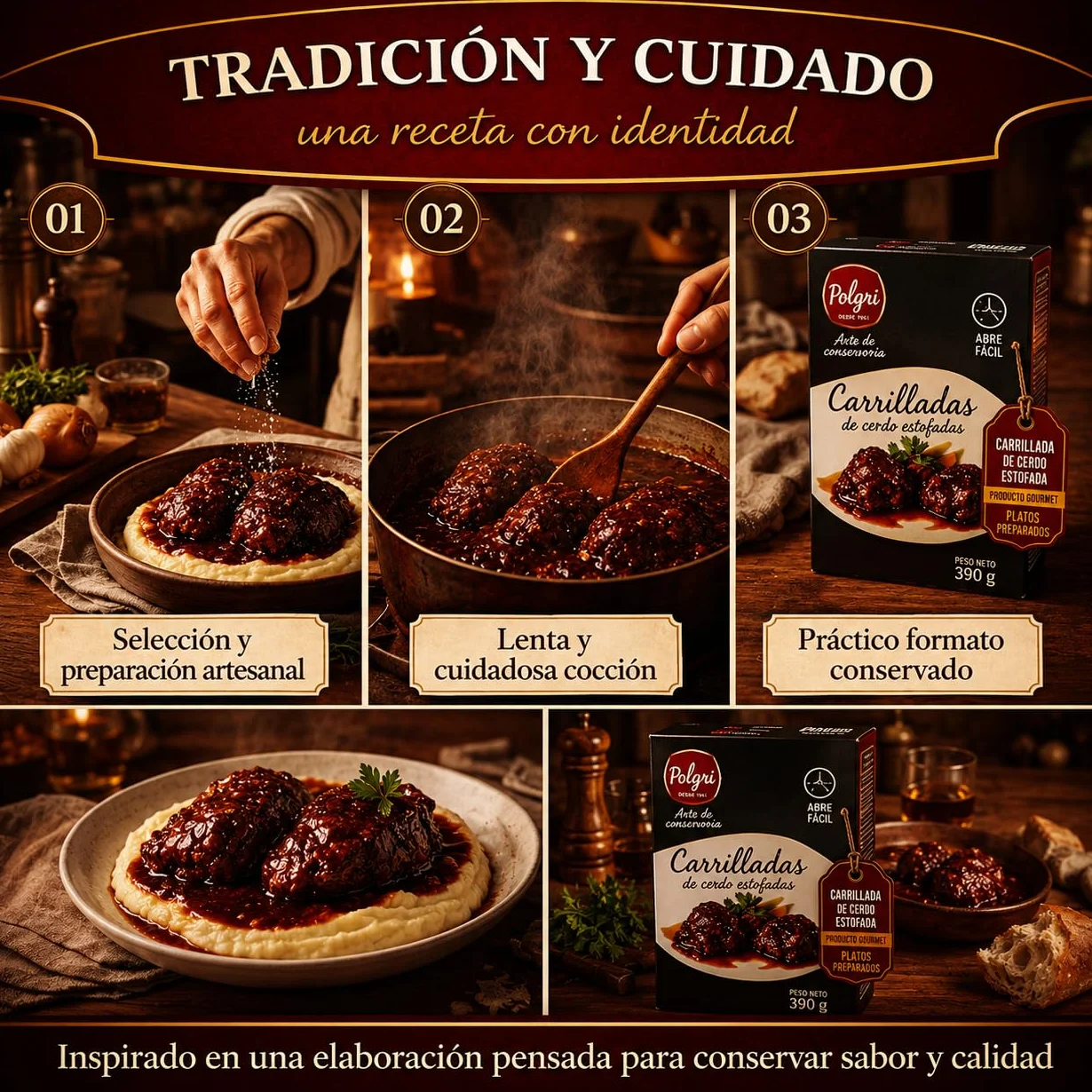 POLGRI Carrilladas de Cerdo Estofadas Conserva Gourmet Lata 390 g x 3 Carne Melosa Lista para Calentar