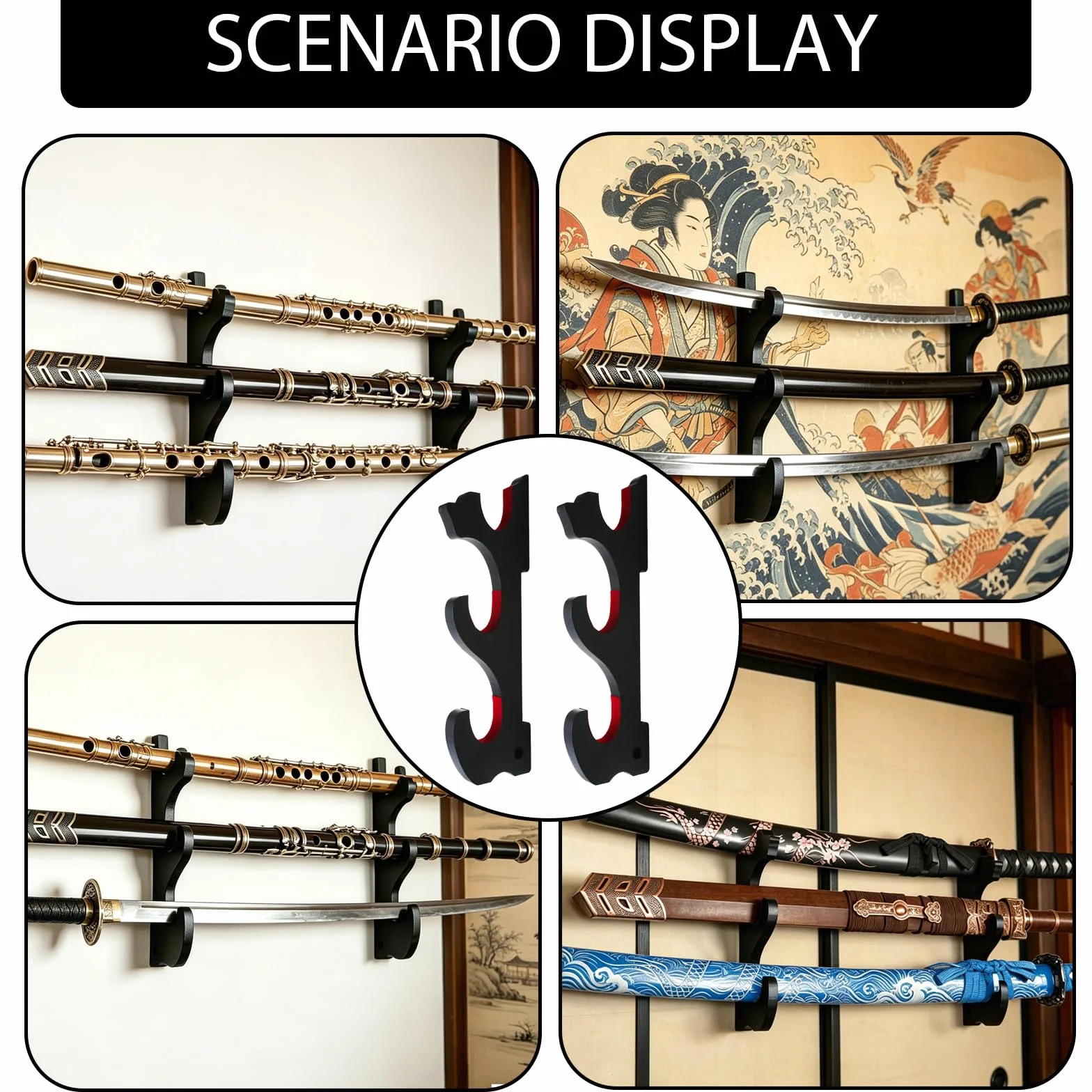 Soporte para Katana 3 Niveles Estante de Pared Madera Exhibición Espada Organizador Vertical Sable Wakizashi Tanto