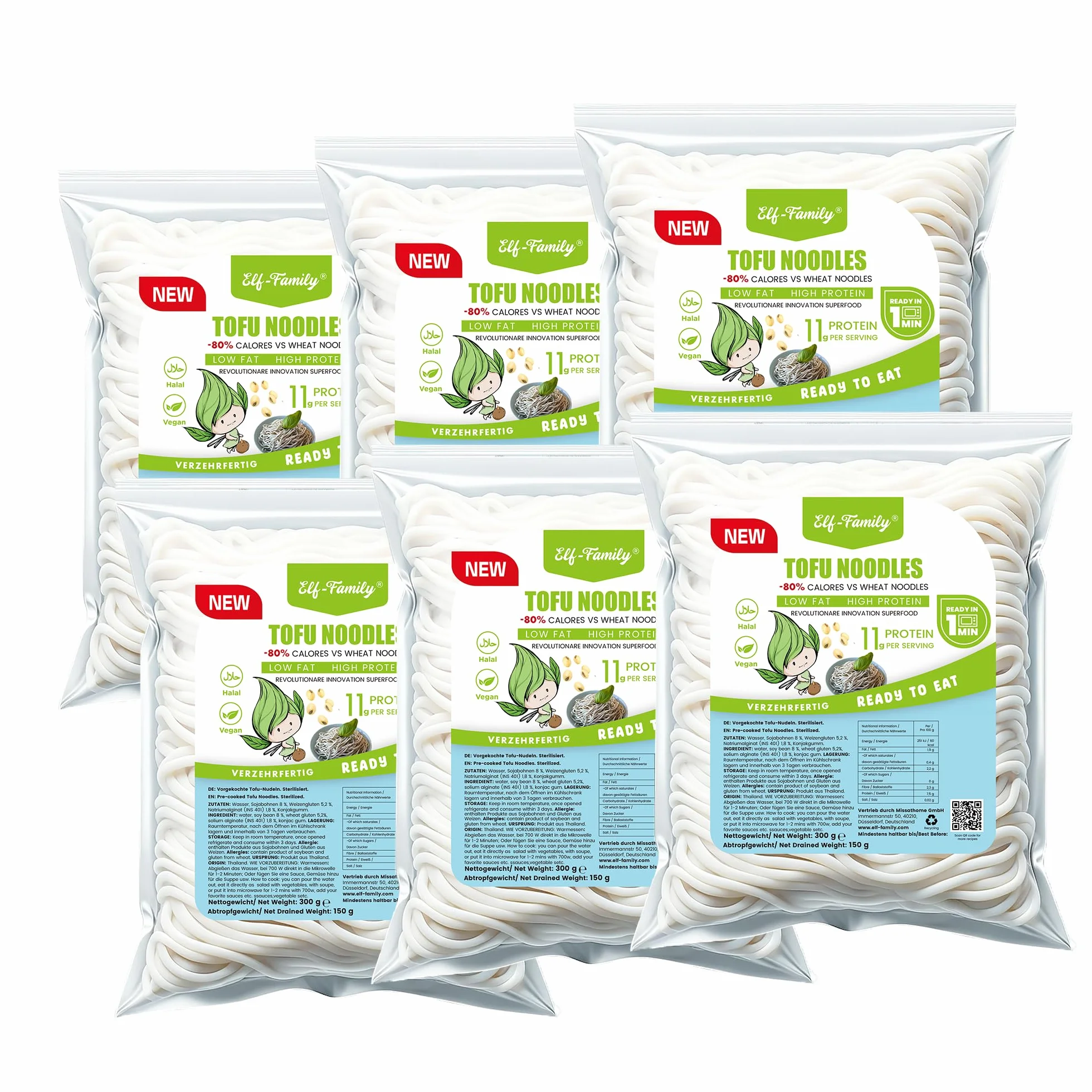 Elf-Family Fideos de tofu - (300 g × 6er) Fideos Instantáneos de Alta Proteína, Menos Carbohidratos, Baja en Carbohidratos, Vegana, Preparación Rápida, Auténtica de Tailandia, Baja Grasa y Sin