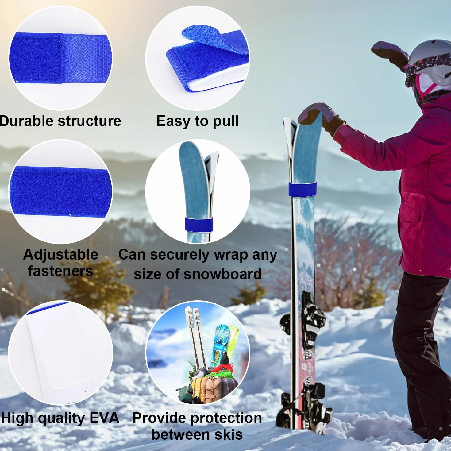 Correas de esquí ajustables, Lazos EVA, Cinta de sujeción para esquí (10 uds, Multicolor)