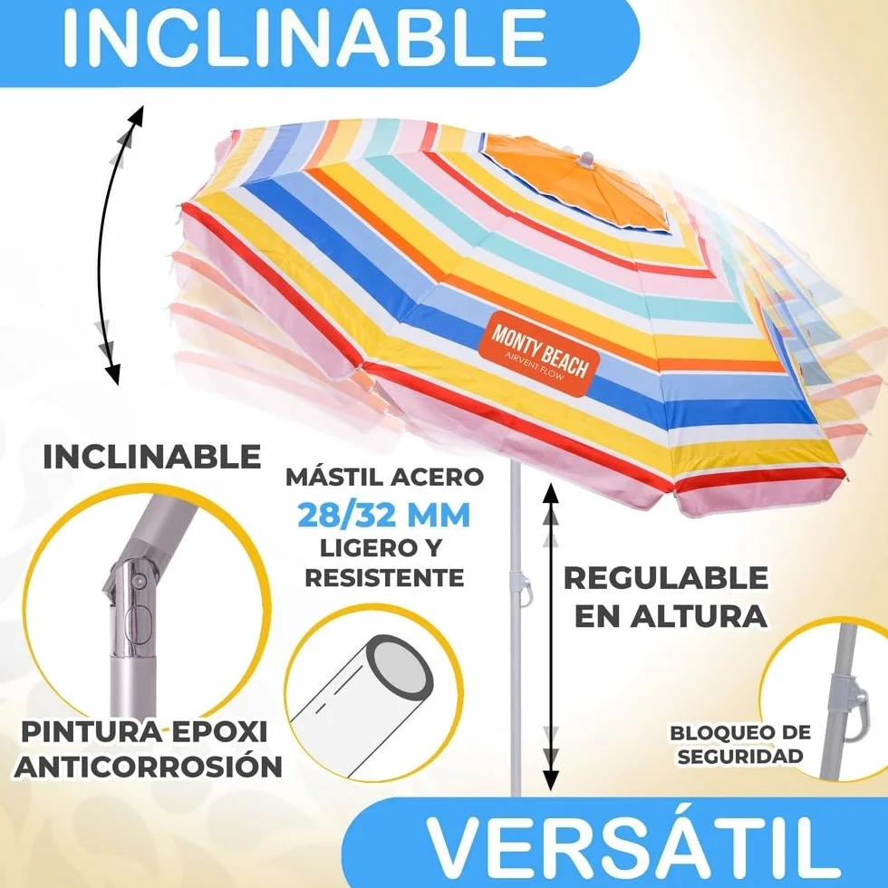 MONTY Sombrilla playa UPF+50 antiviento fibra vidrio mástil inclinable regulable altura