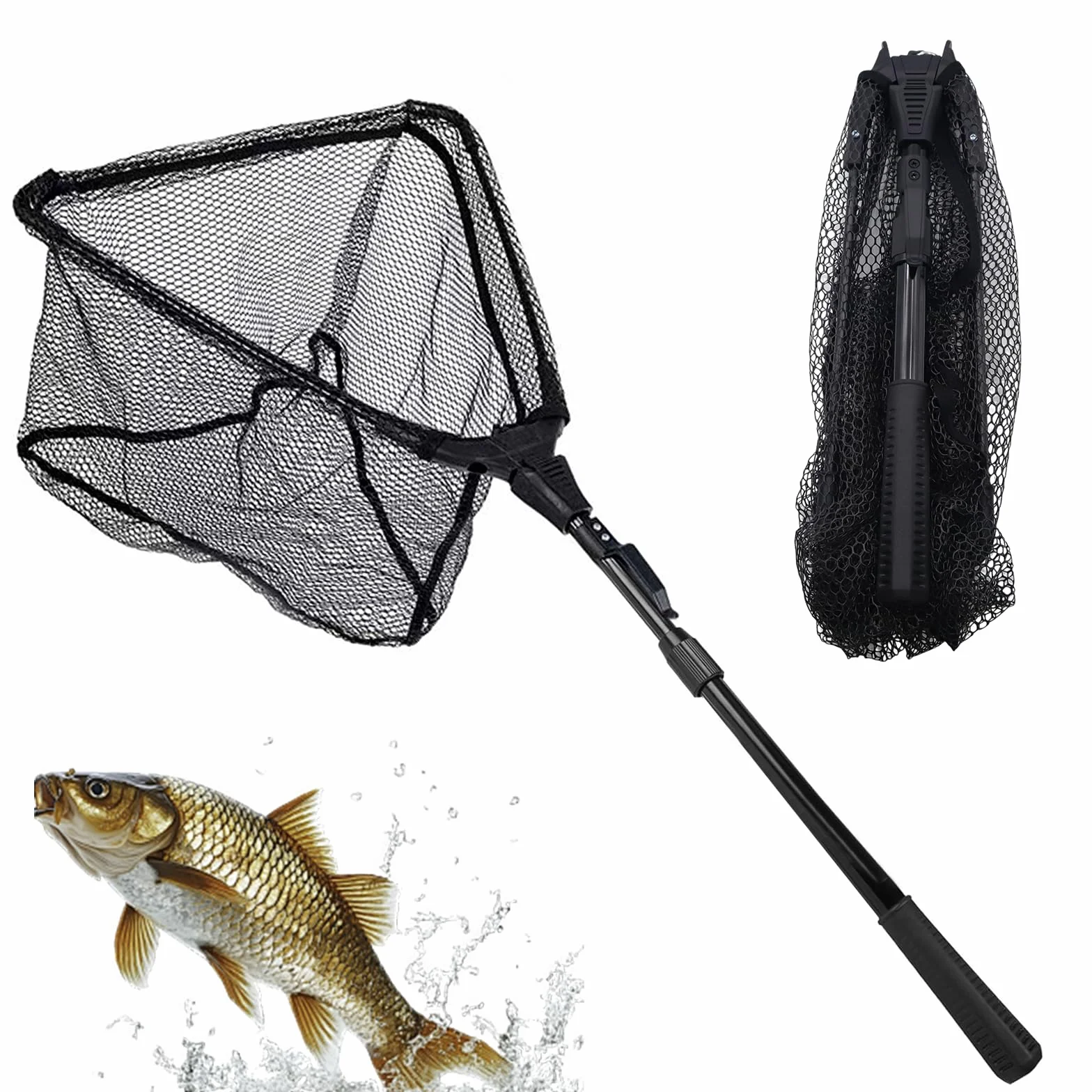 Réd De Pesca Telescópica, Red de Pésca Plegable Triangular, Sacaderas de Pesca con Mango Antideslizante Negro