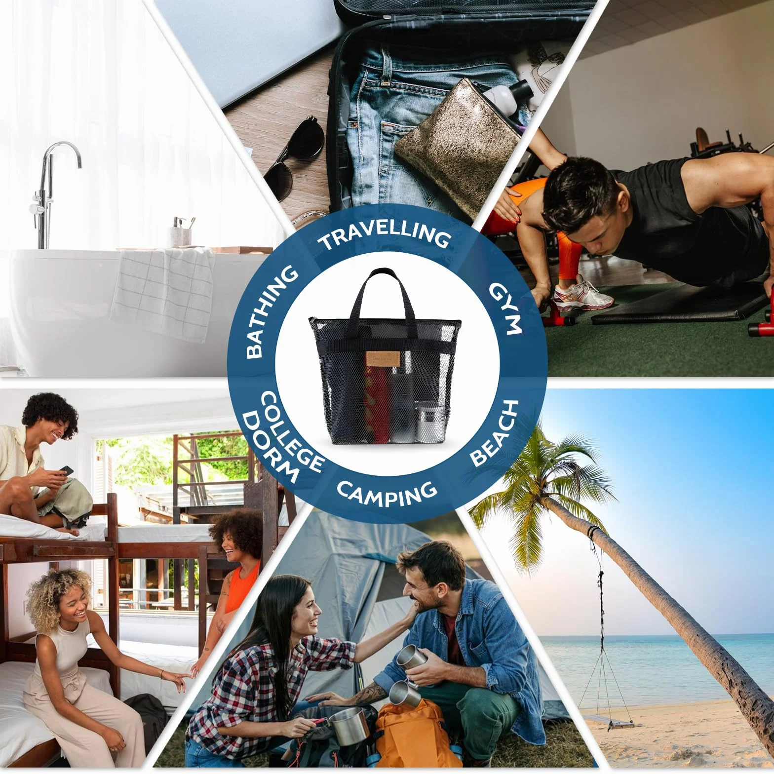 Molain Bolsa de ducha de malla portátil gran capacidad para viajes gimnasio natación playa