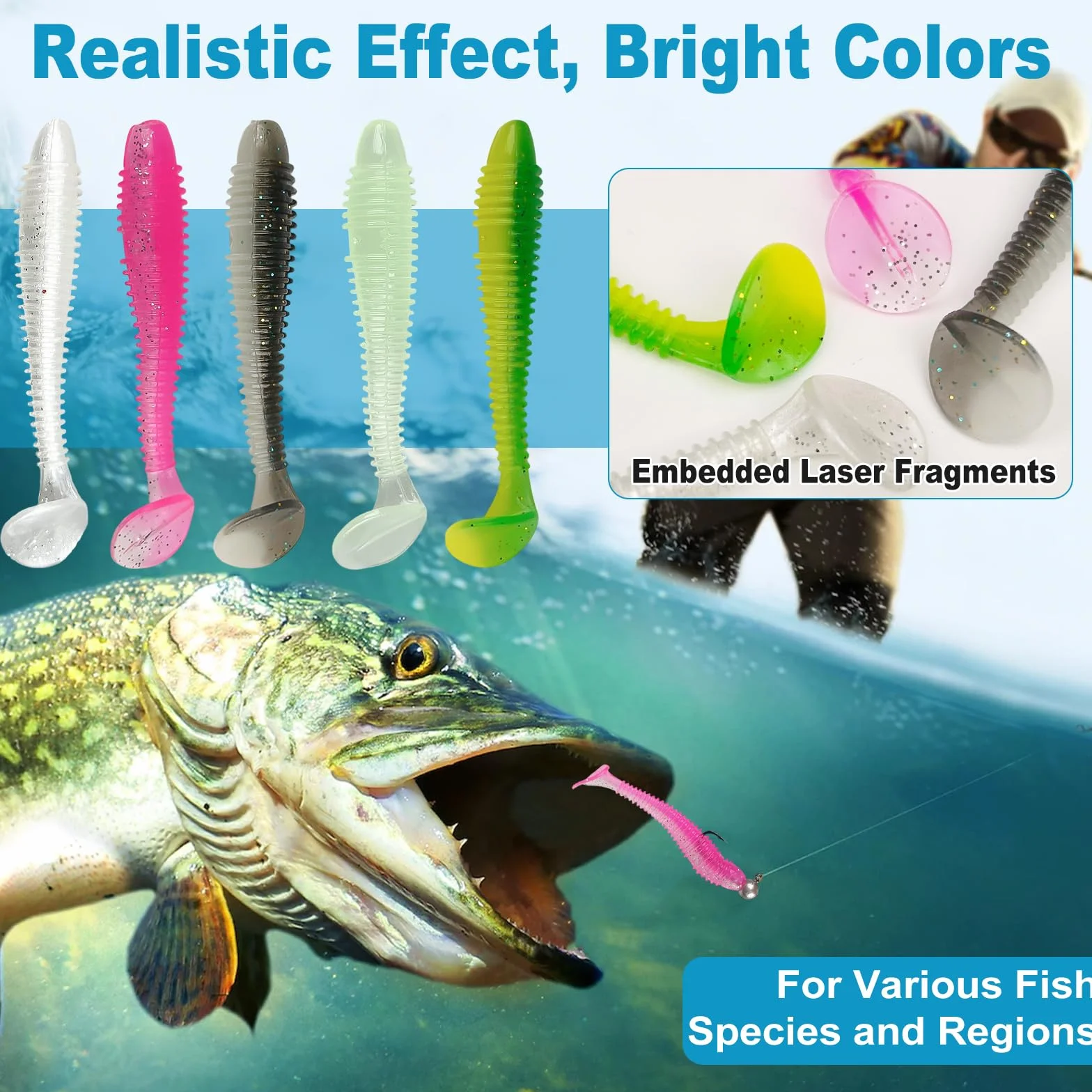 Señuelos de pesca blandos 45 piezas con cabezas triangulares 10 piezas 5,5 cm 6,5 cm 7,5 cm cebo flotante goma con cabeza caja plástico 5 colores